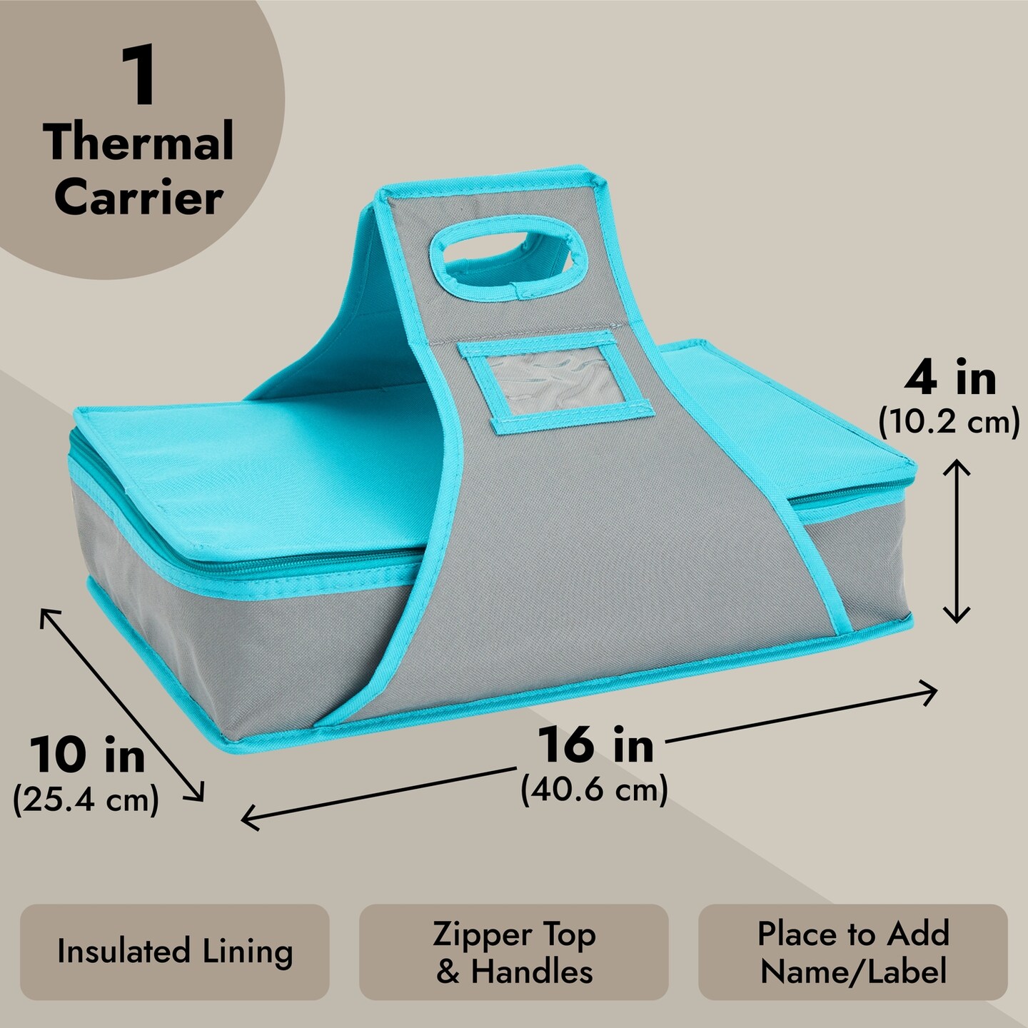 Thermal Insulated Casserole Carrier - Food Warmer Bag Container to Keep Food Hot for Lunch, Potluck Dish, Picnics, Pie, Transport (Teal and Gray, 16x10x4 in)