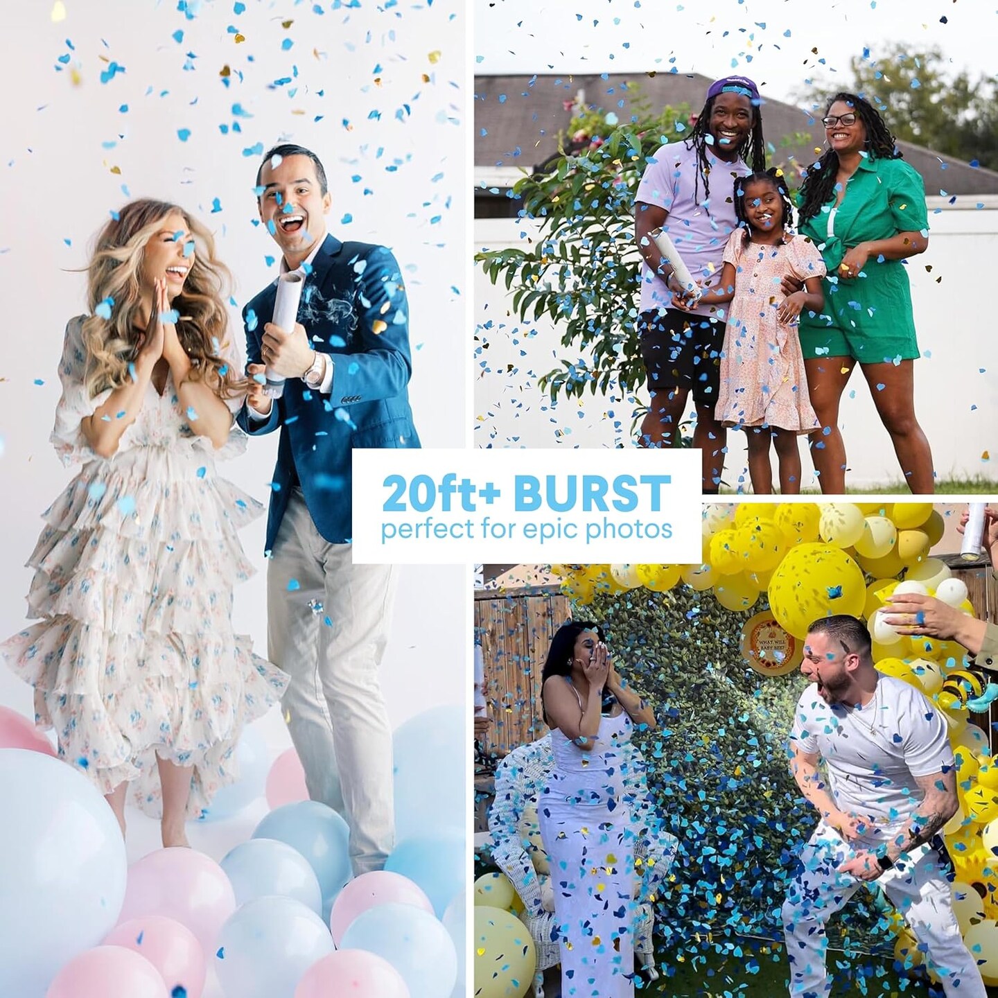 Gender Reveal Confetti Cannon - Heart Shaped Confetti Poppers - Blue 4 Pack - Baby Boy Gender Reveal Party Poppers Party Cannons Shooter Blaster