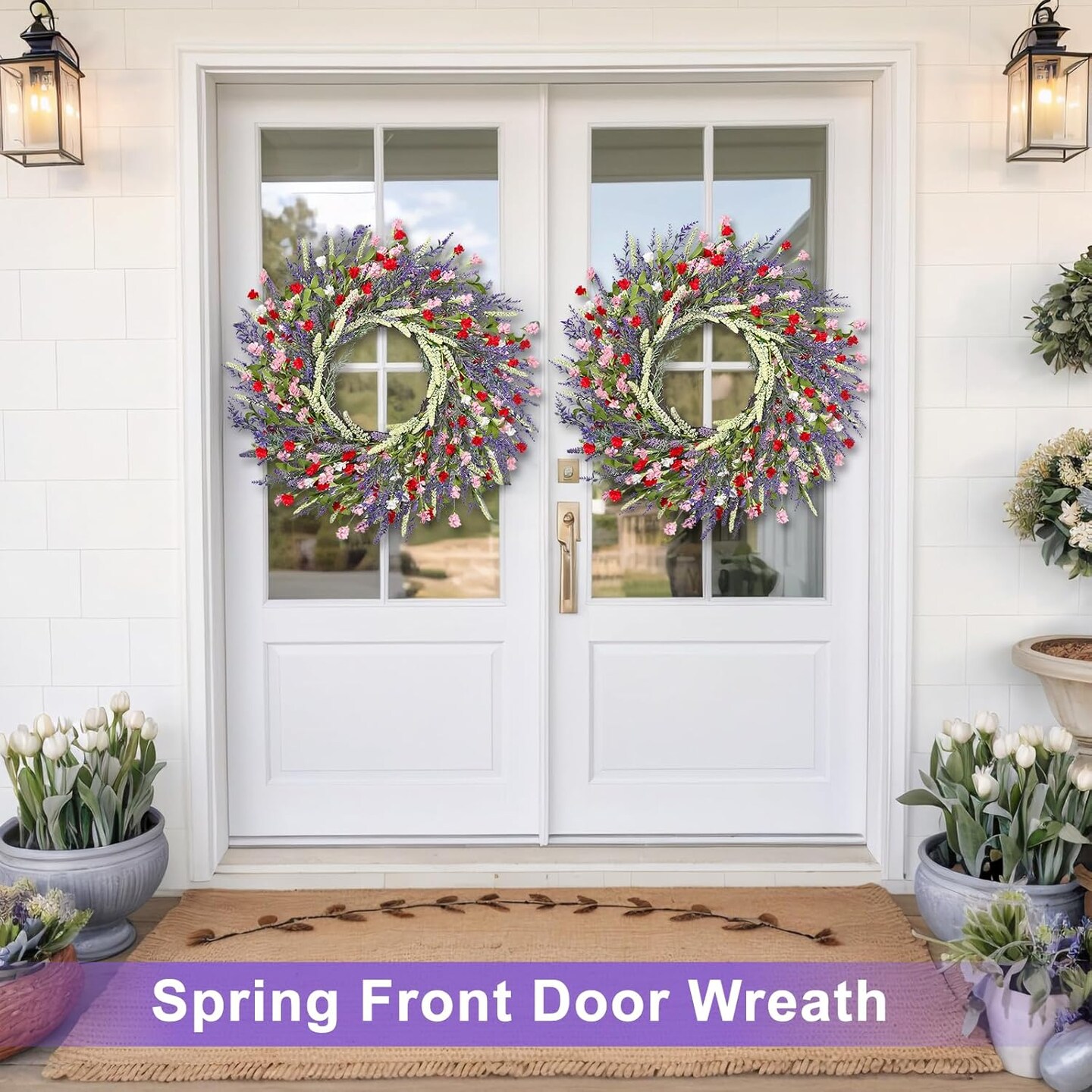 26 Inch Lavender Wreath Summer Wreaths for Front Door Wreaths for Front Door for Wedding Farmhouse (Red Pink Lavender)
