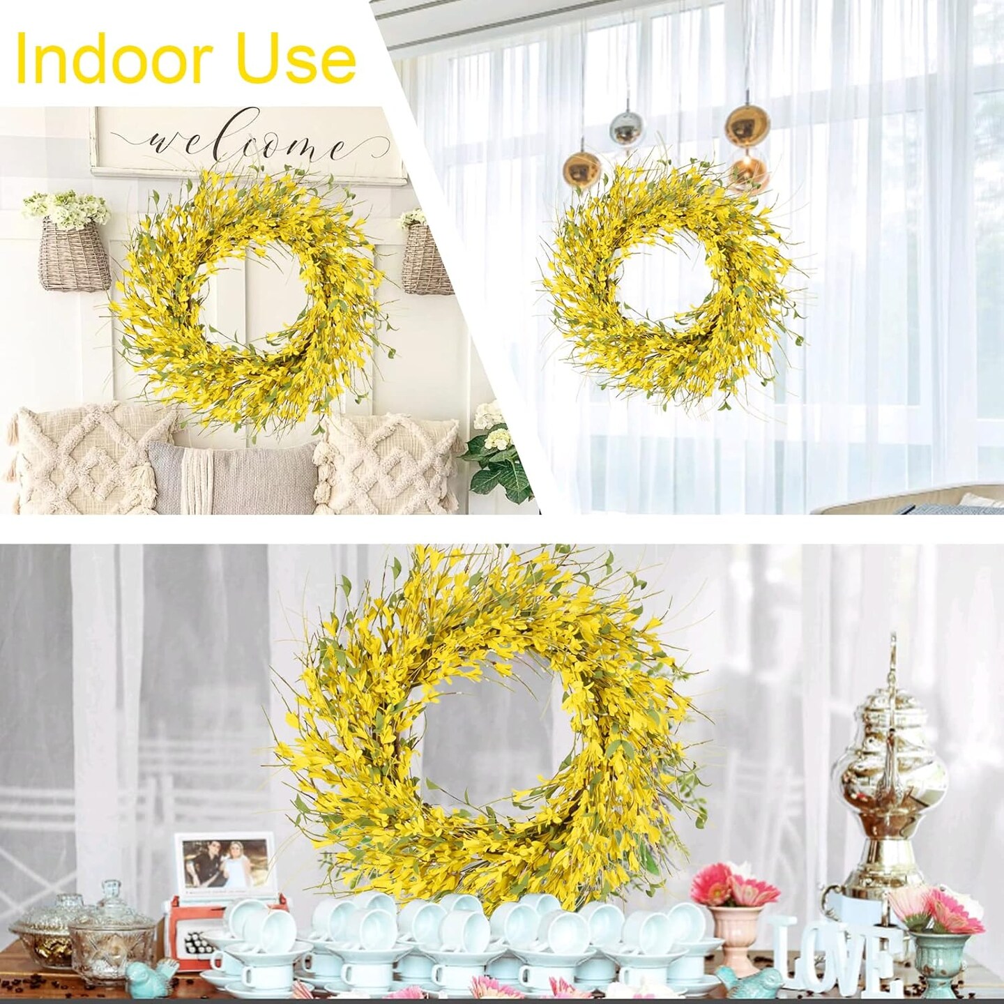 24&#x22; Spring Wreaths for Front Door Artificial Forsythia Flower Wreath on Grapevine Yellow Wreath with Green Leaves Silk Floral Wreath for Home Indoor Wall Window Garden Porch Farmhosue Decor