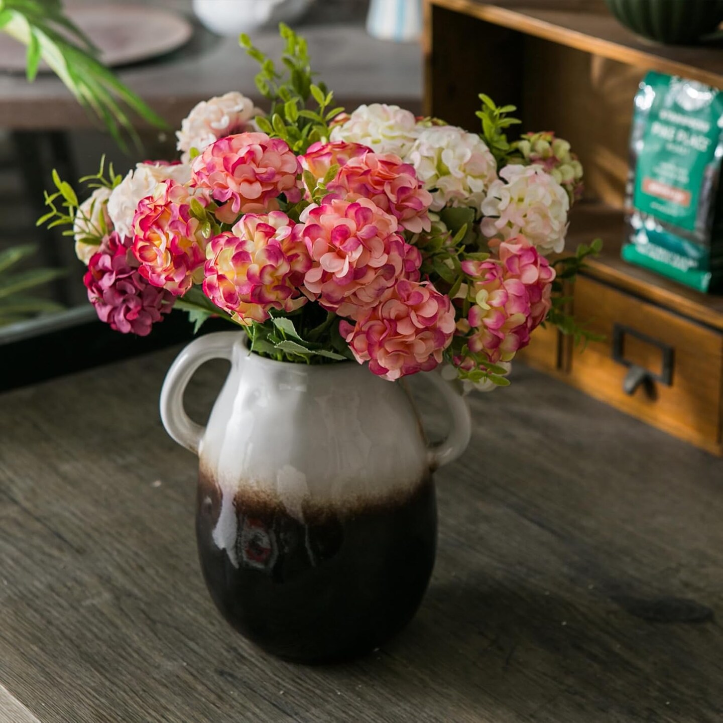 White Gradient Ceramic Vase with 2 Handles, Modern Farmhouse Vase for Home Decor, Rustic Terracotta Vase, Decorative Pottery Vase, Clay Flowers Vase, Centerpieces for Dining Table - 7 Inch