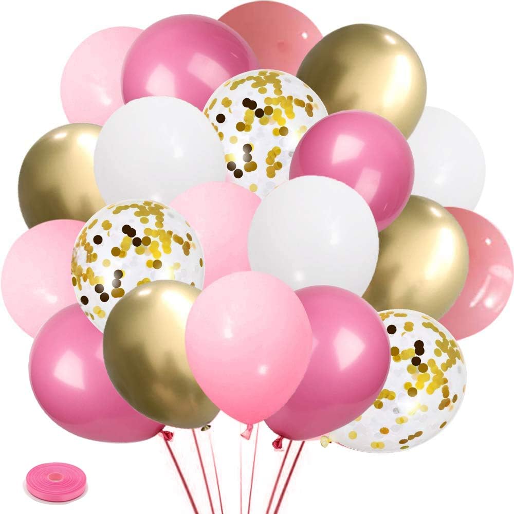 Pink and Gold Confetti Balloons, 60pcs Hot Pink Balloons Macaron Pink Balloons White Balloons Metallic Gold Balloons for Girls Birthday Baby Shower Bridal Shower Wedding Anniversary Party Decorations