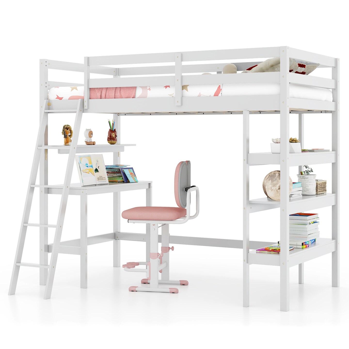 Twin Loft Bed with Desk and Bookshelves for Kids and Teens