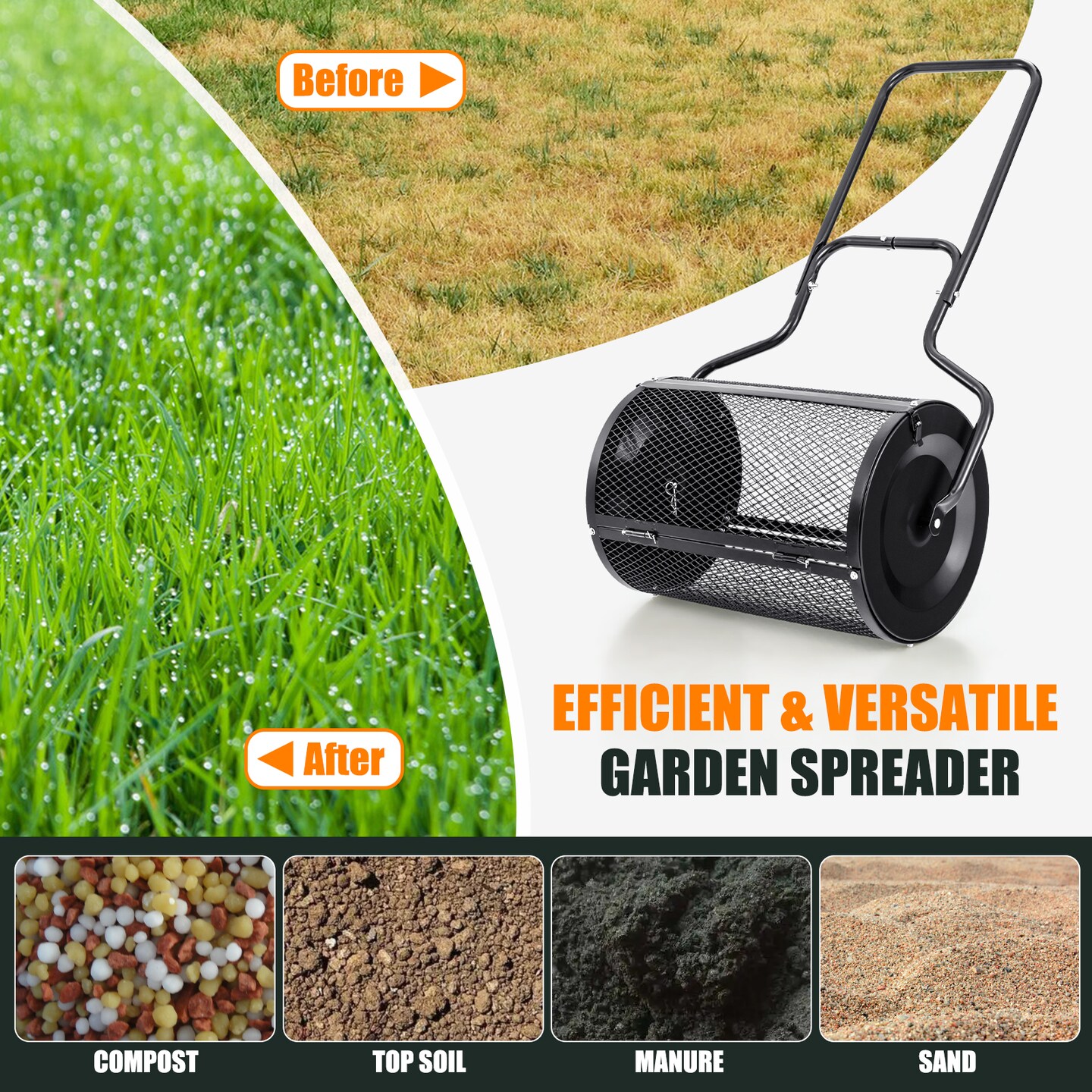 24 Inch Black Peat Moss Spreader with U-shape Handle and Metal Frame