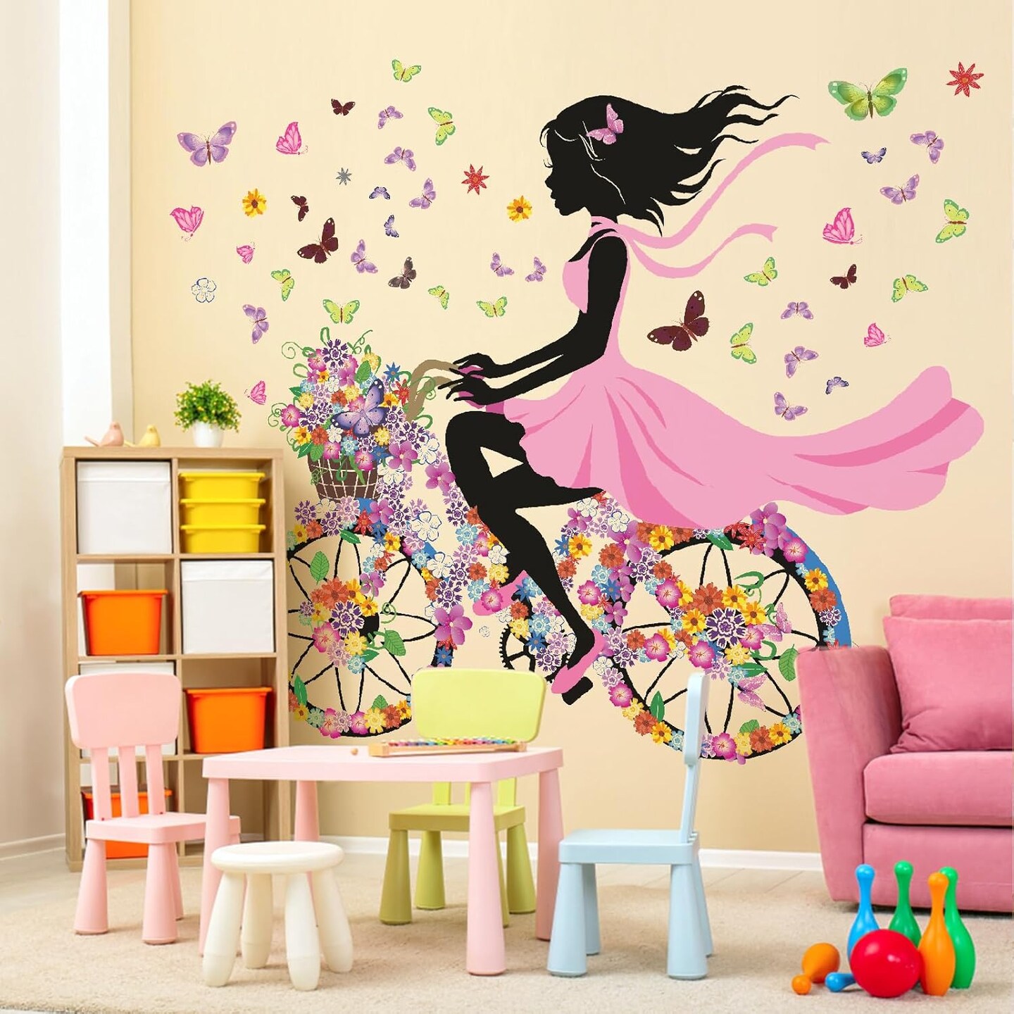 Girl Wall Decals for Kids Room | Wall Art Stickers with Butterflies and Flowers for Girls Bedroom Decor | Peel and Stick Girls Room Decorations for Nursery or Playroom