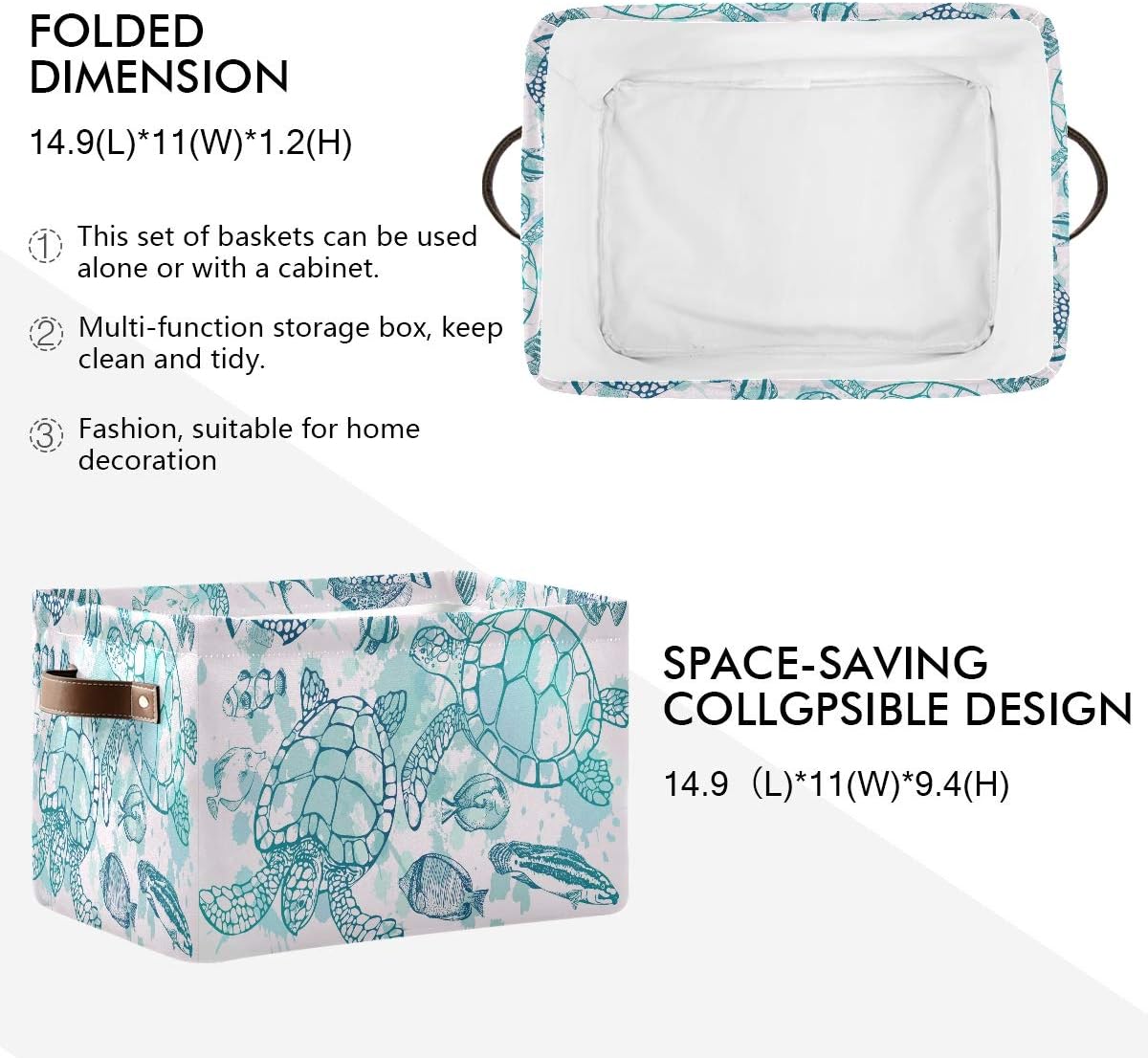 Summer Storage Basket Cube Tropical Ocean Sea Turtle Fish Large Collapsible Toys Storage Box Bin Laundry Organizer for Closet Shelf Nursery Kids Bedroom,15x11x9.5 in,2 Pack