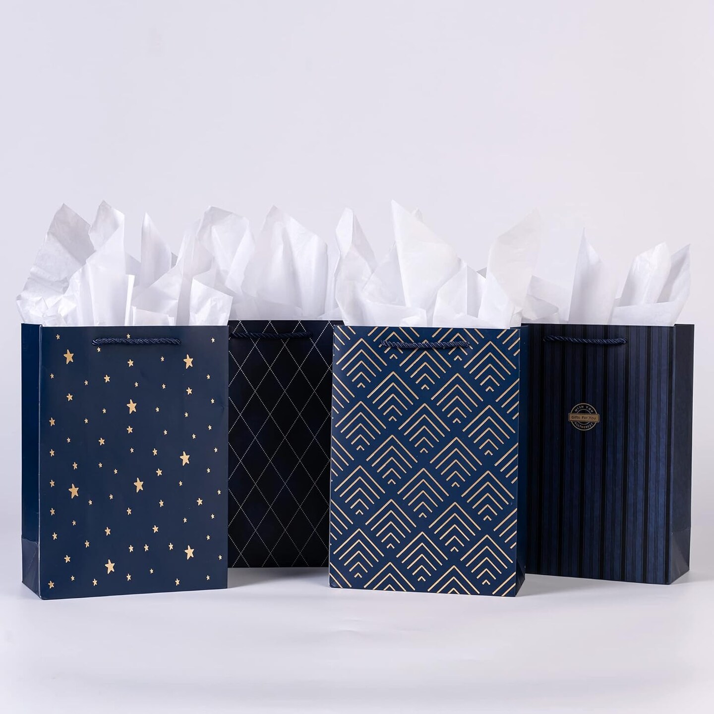 Gift Bags, 10 Pack Navy Blue with Gold Foil Stars, Kraft Paper Bags with Handles, Bulk for Men, Groomsmen
