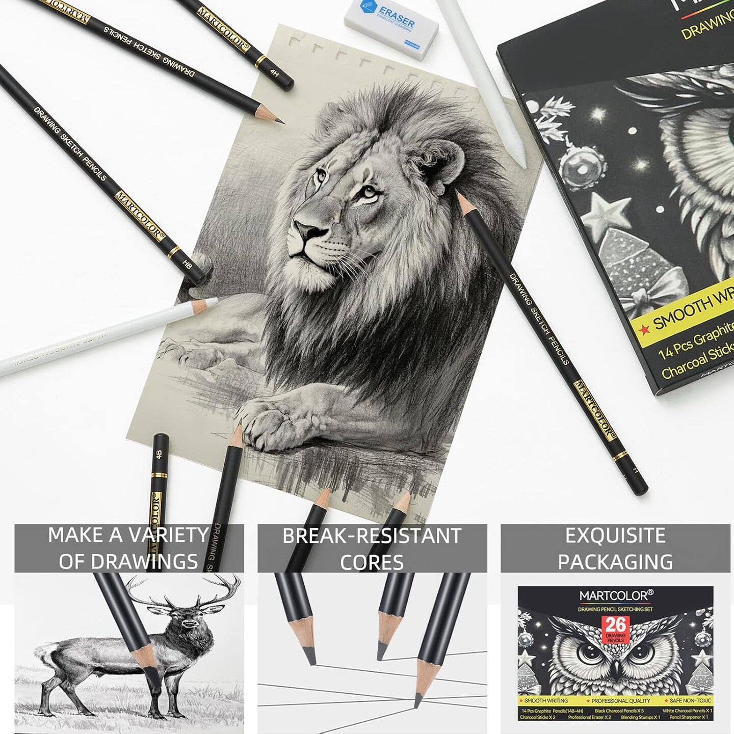 Drawing Sketching Pencil Set, 26 Pieces, Graphite Pencils (14B-4H), Charcoal Pencils, Charcoal Sticks, Blending Stump, Eraser, Sharpeners, Artist Pencils for Beginners &#x26; Pro Artists