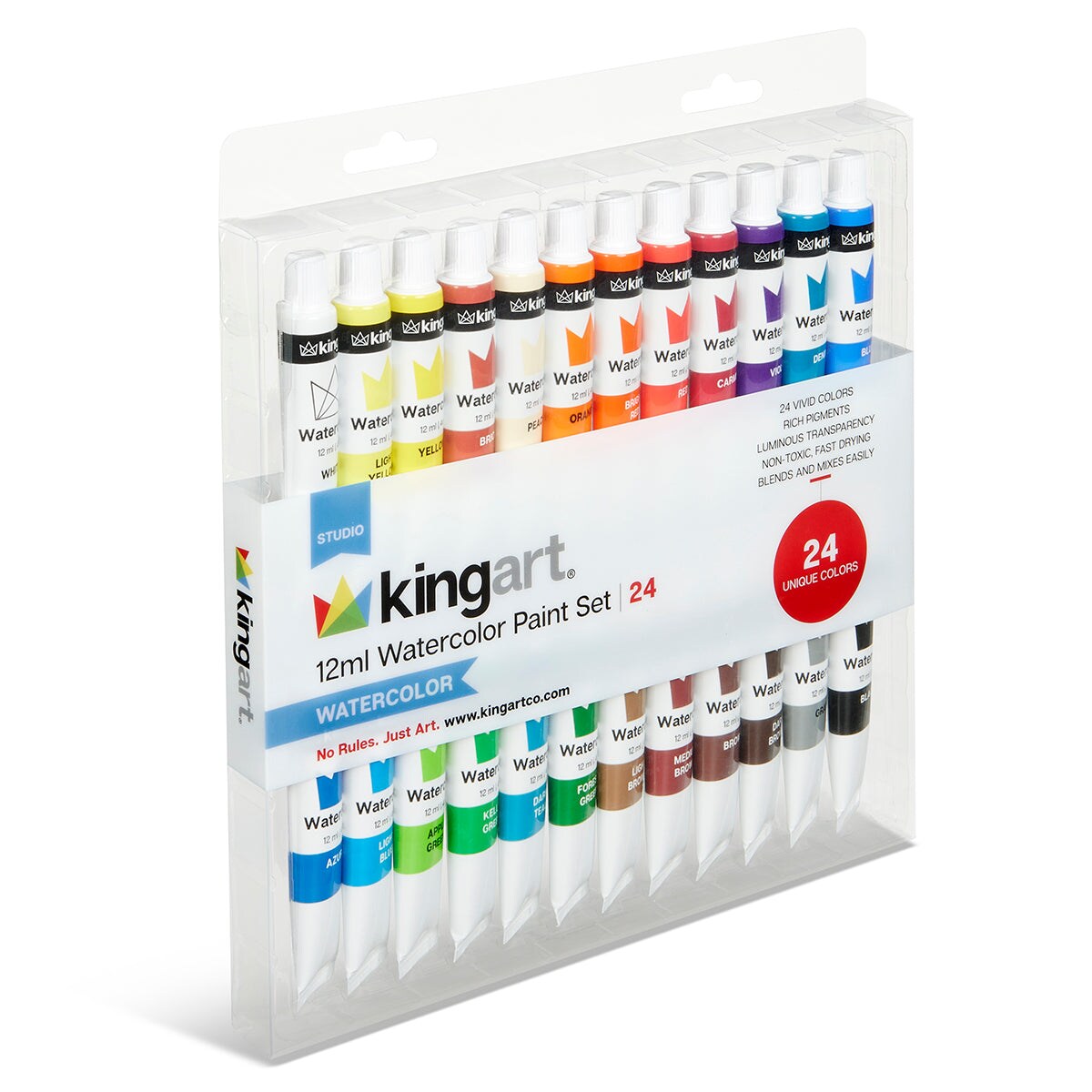 KINGART® Studio Watercolor Paint, 12ml (.4oz), Set of 24 Unique Colors