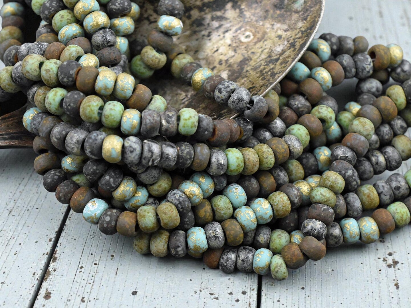 2/0 Aged Matte Jade Jeweled Metallic Mix Seed Beads (20" Strand)