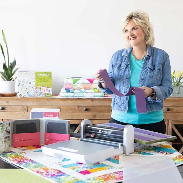 AccuQuilt Ready. Set. GO! Ultimate Fabric Cutting System Boxed Set - 90% Faster, Accurate Cuts - Includes GO! Qube 8" Block Dies, Strip Cutter & Over 70 Free Patterns - Perfect for Quilting & Sewing