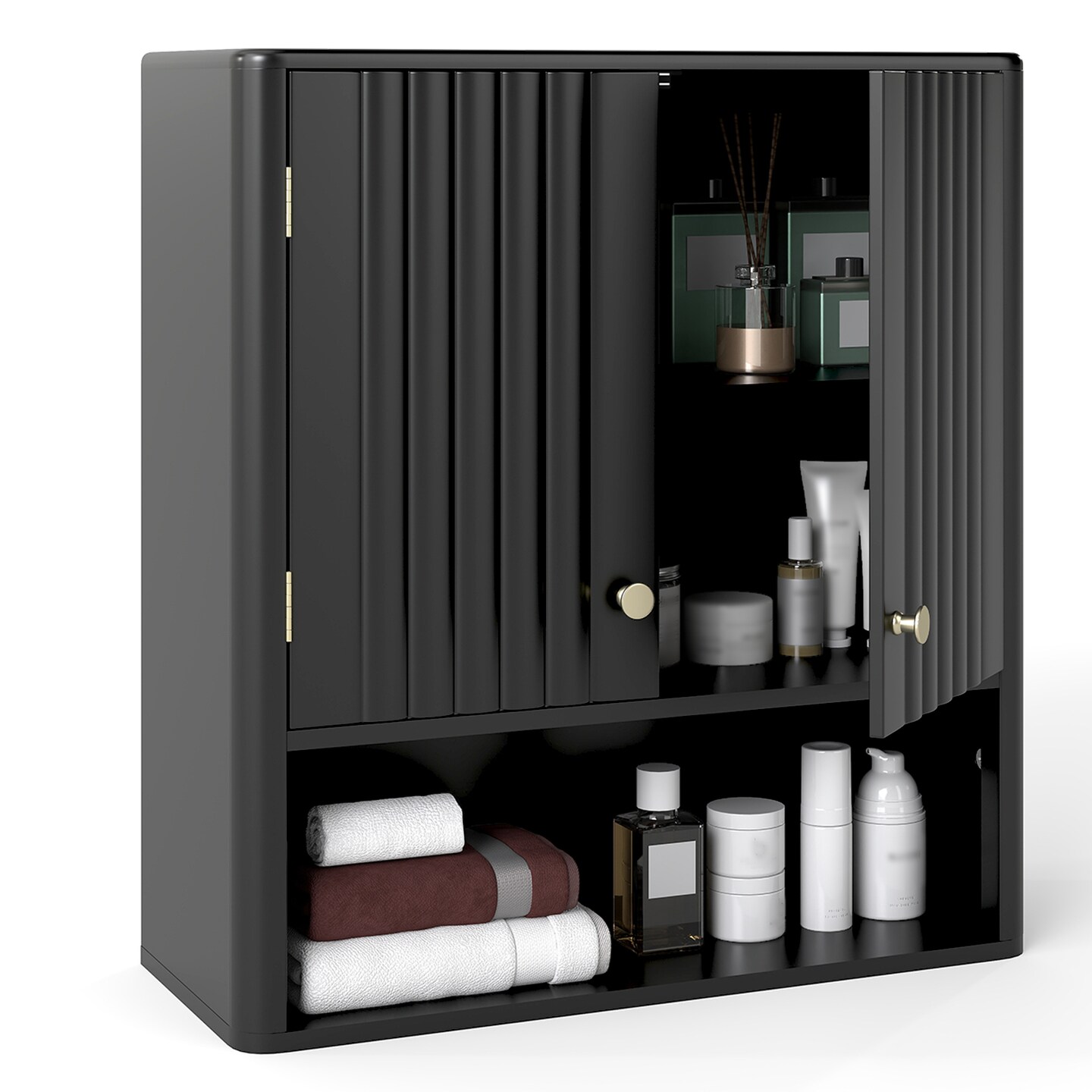 Bathroom Wall Cabinet with Fluted Doors and Gold Handles 2-Door Storage with Adjustable Shelf