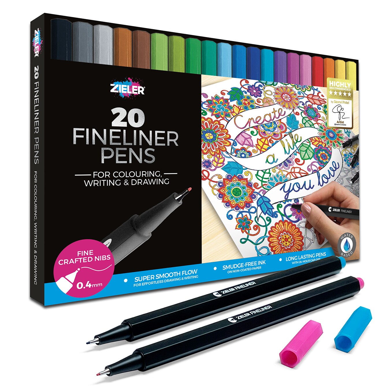 20 Colour Fineliner Pens Set 0.4mm Line Width Assorted Colours