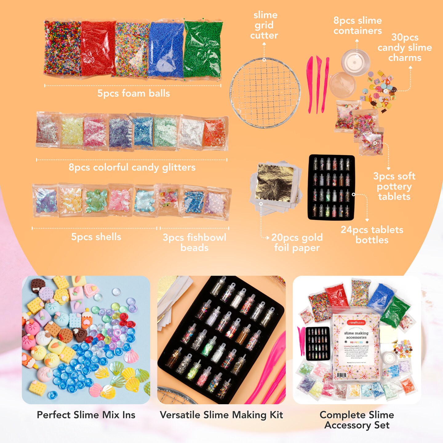 Incraftables Slime Kit for Girls & Boys. DIY Add-ins Slime Making Kit with Slime Charms, Foam Balls, Fishbowl Beads, Candy, Glitters, Shells, Tablet Bottles, Foil, Containers & Mix-ins Tool Supplies