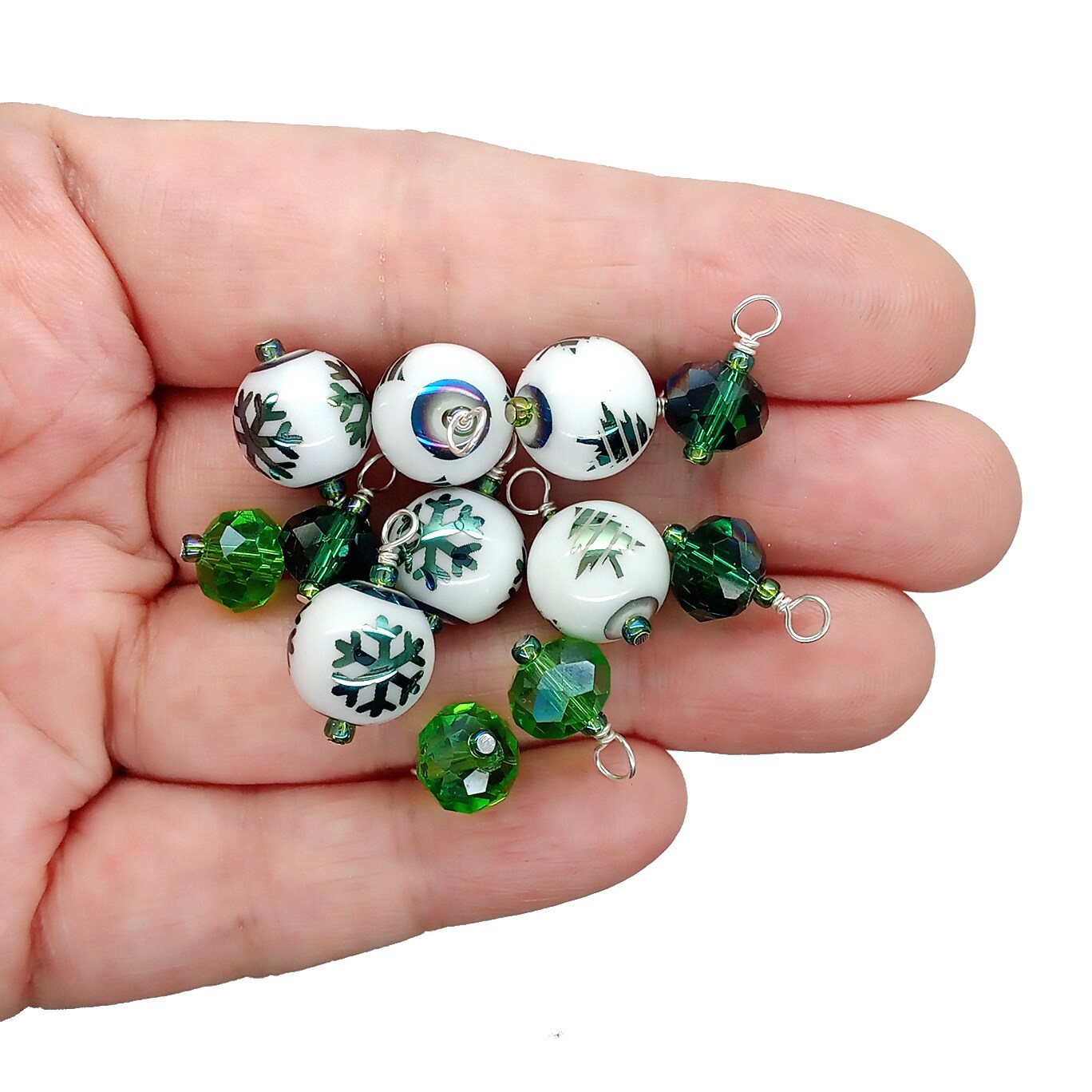Christmas Themed Bead Charms, 12-piece set, Green Winter Dangles, Adorabilities