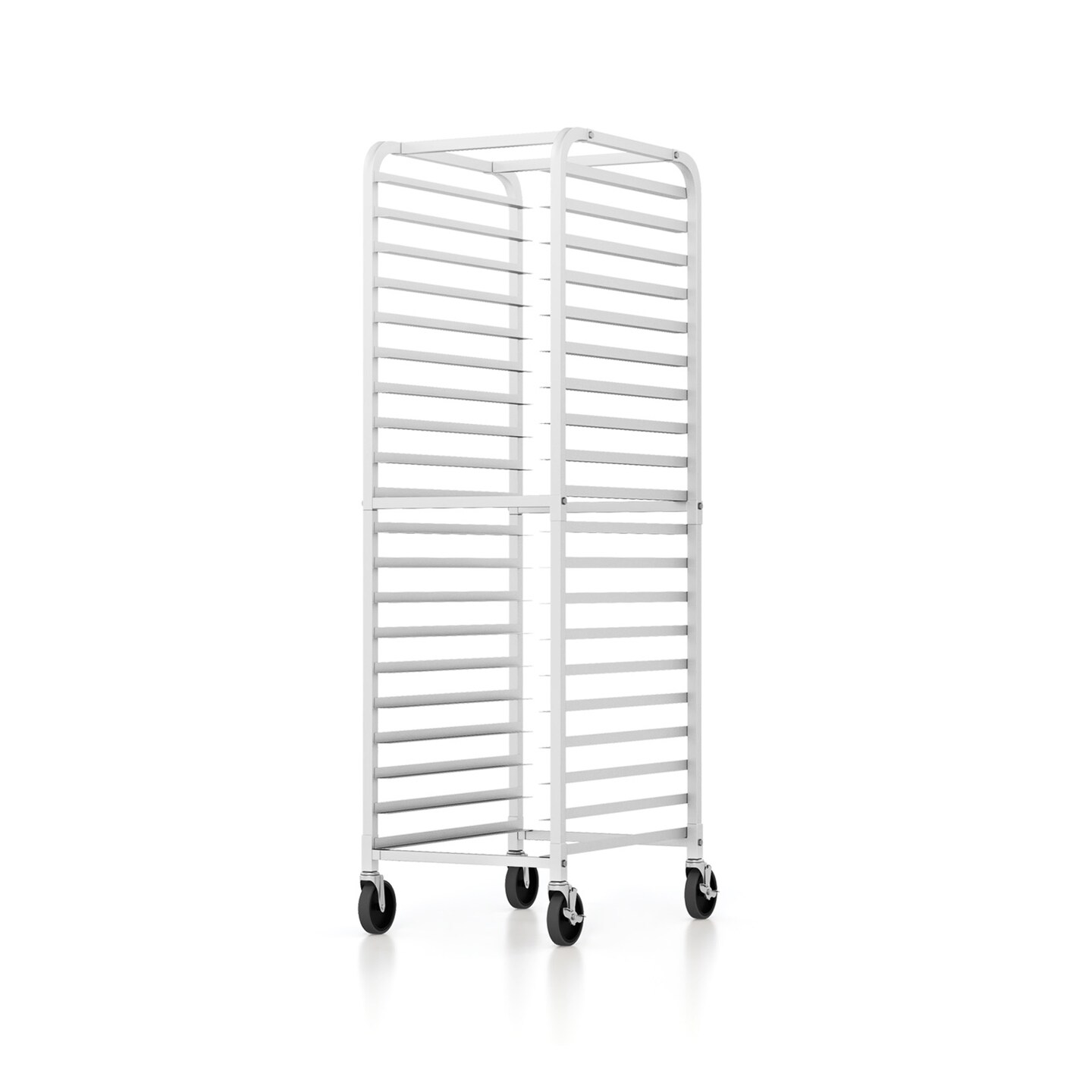 Silver Aluminum 20-Pan Rack with Rubber Wheels and 500 lbs Weight Capacity