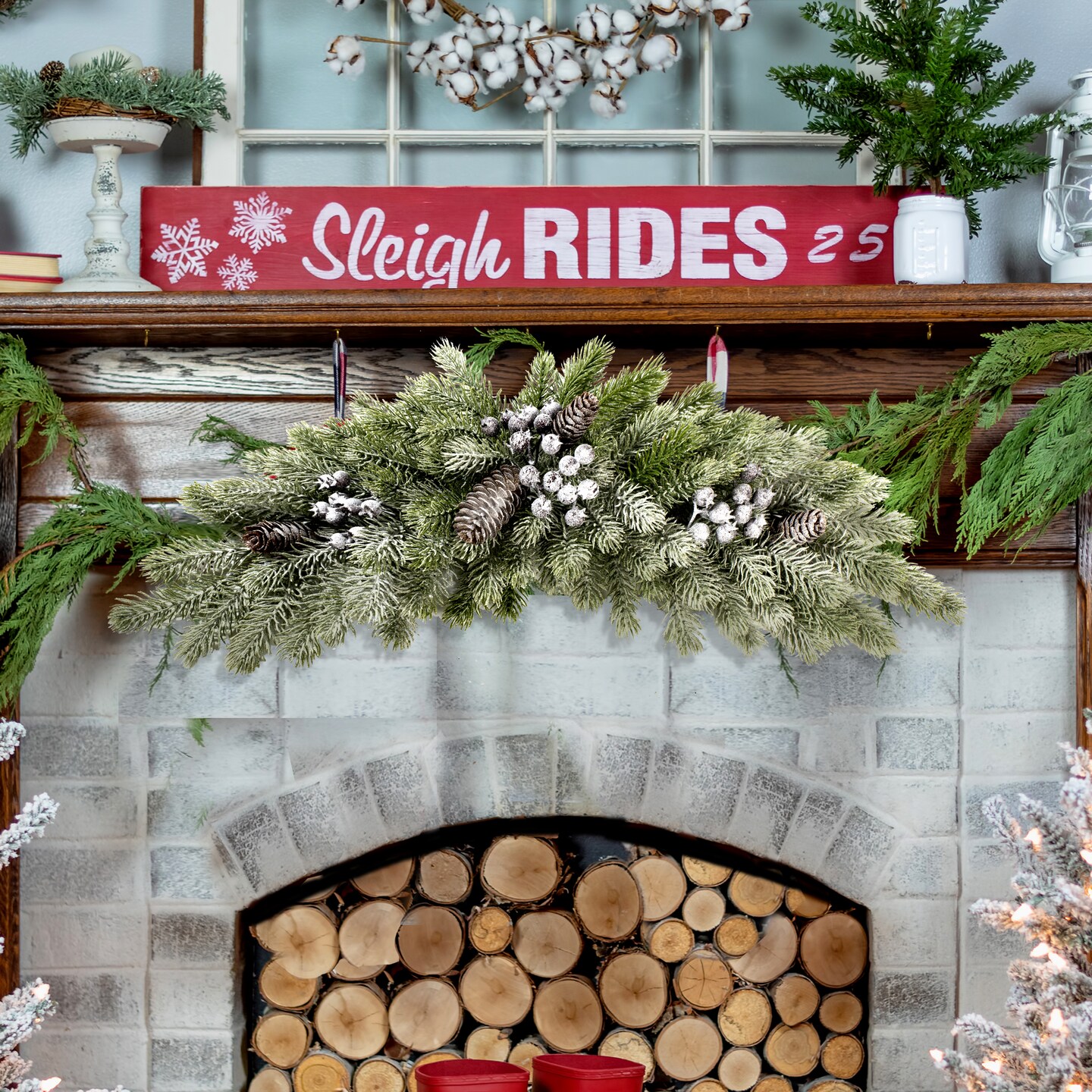 25" Flocked Christmas Swag – Artificial Pine Cone & Snowed Berry Garland, Winter Mantel Holiday Home Decor