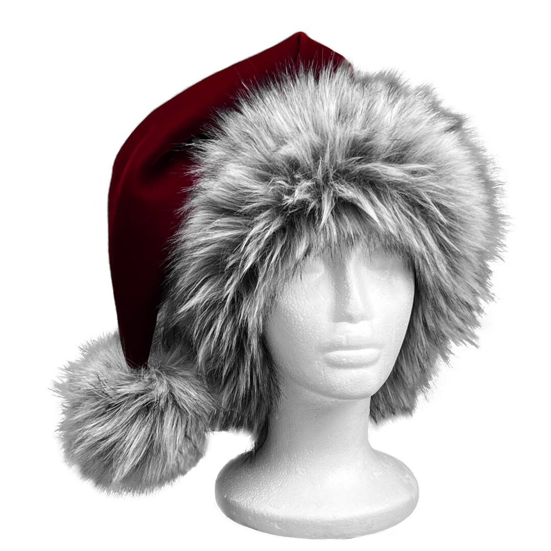 NEW! PREMIUM VELVET and Silk Luxury Grey Faux Animal Fur Santa Hat