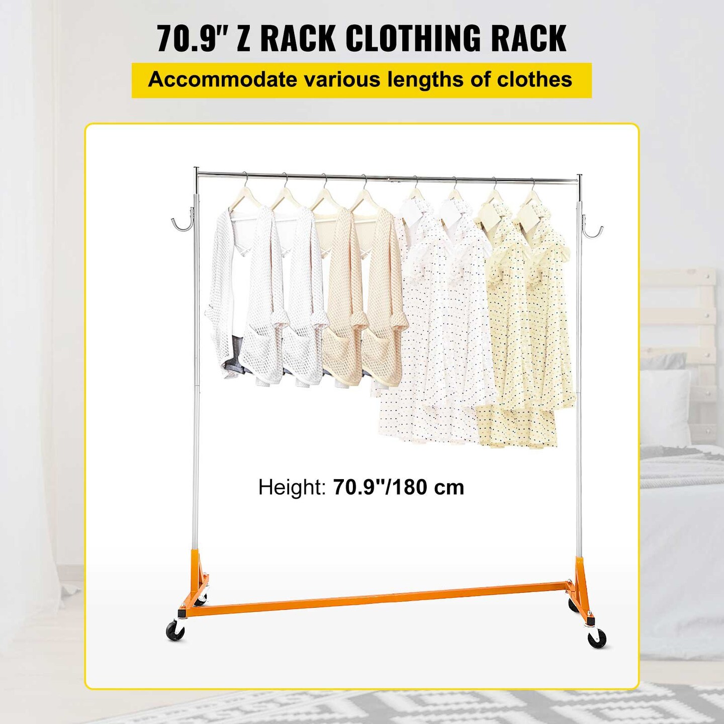 Rolling Z-Base Garment Rack with Single Hang Rail and Swivel Casters Stainless Steel Clothes Organizer Heavy Duty