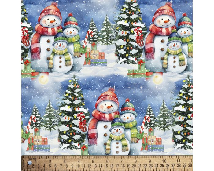 Christmas Snowman Family Digital Cotton Print Fabric | By The Yard | Sewing and Crafting | 44 inches wide