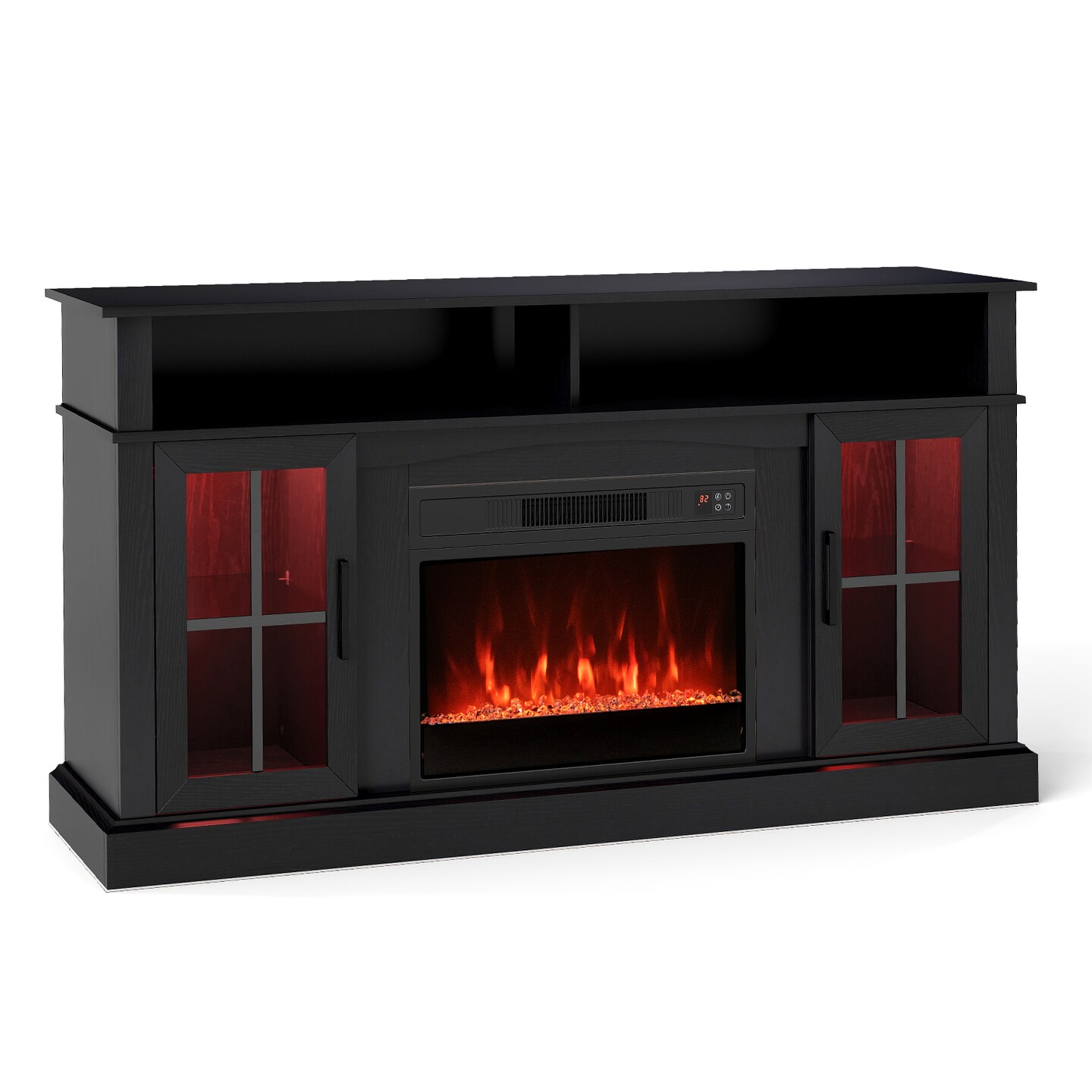 58" Black TV Stand with Electric Fireplace Smart LED Lights Adjustable Shelves and Storage Cabinet