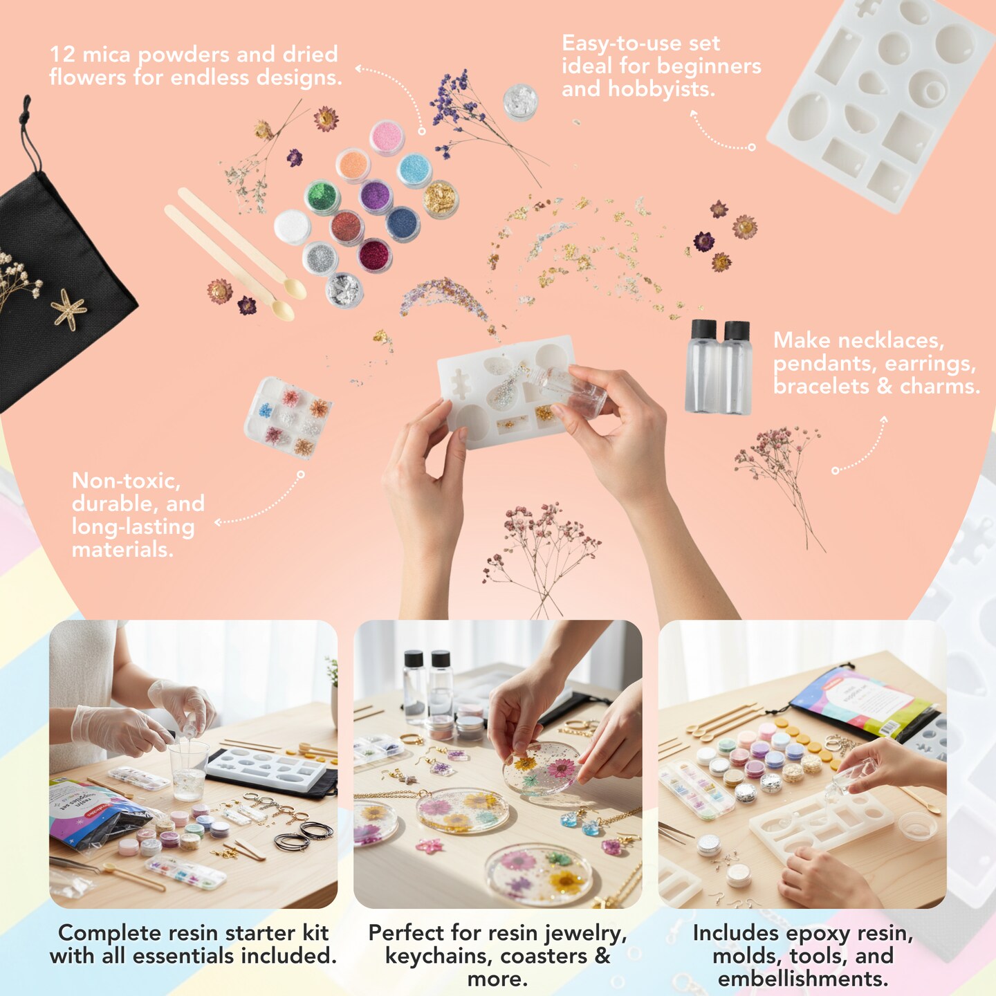 Incraftables Epoxy Resin Kit for Beginners. Resin Supplies set for Kids &#x26; Adults. Epoxy Resin Kit with mold, Epoxy Bottles, Dried Flowers, Mica powders, Foils, measuring cups &#x26; Jewelry Making Supplies