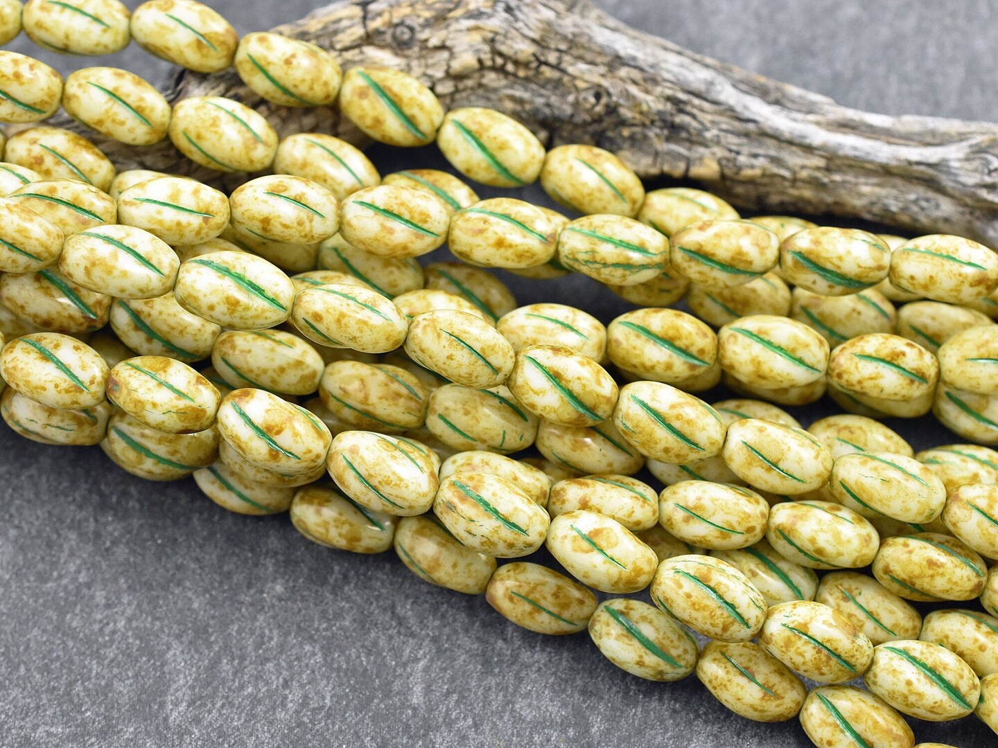 *17* 8x11mm Green Washed Alabaster Picasso Coffee Bean Oval Beads