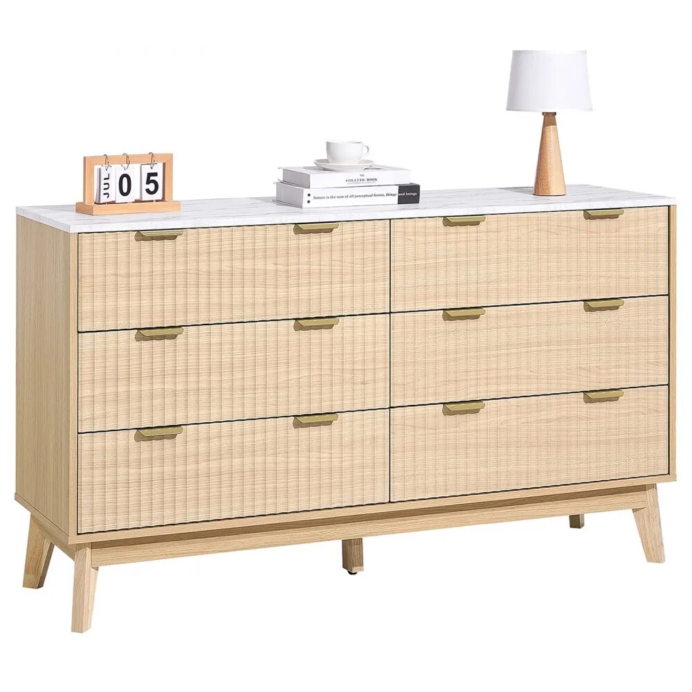 Light Wood 6 Fluted Drawer Dresser Wooden Chest Modern Storage