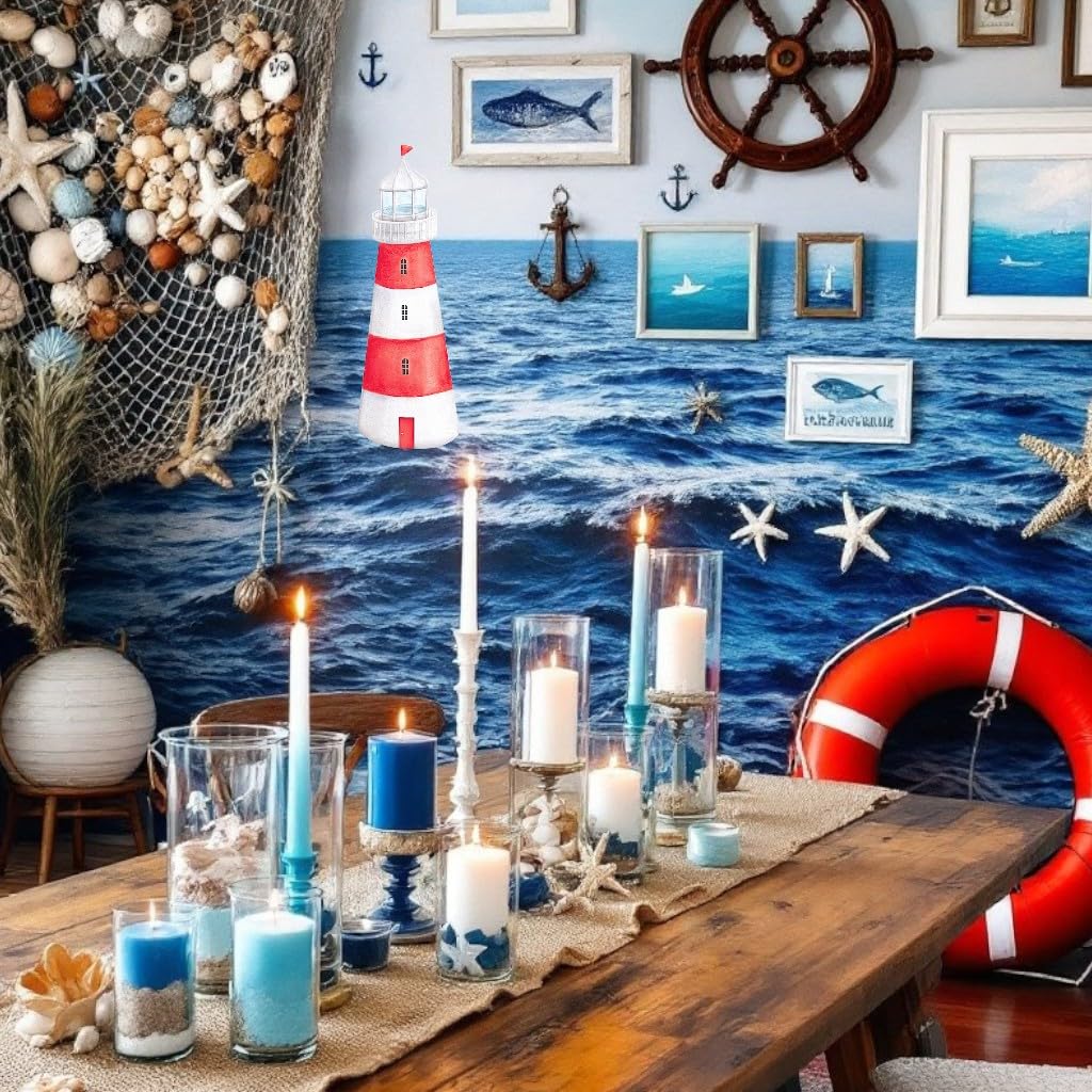 Metal Lighthouse 16" Sign for Wall Decorations, Wreath Attachments, and Craft Accents - Red, White - Spring, Summer -Nautical, Beach House