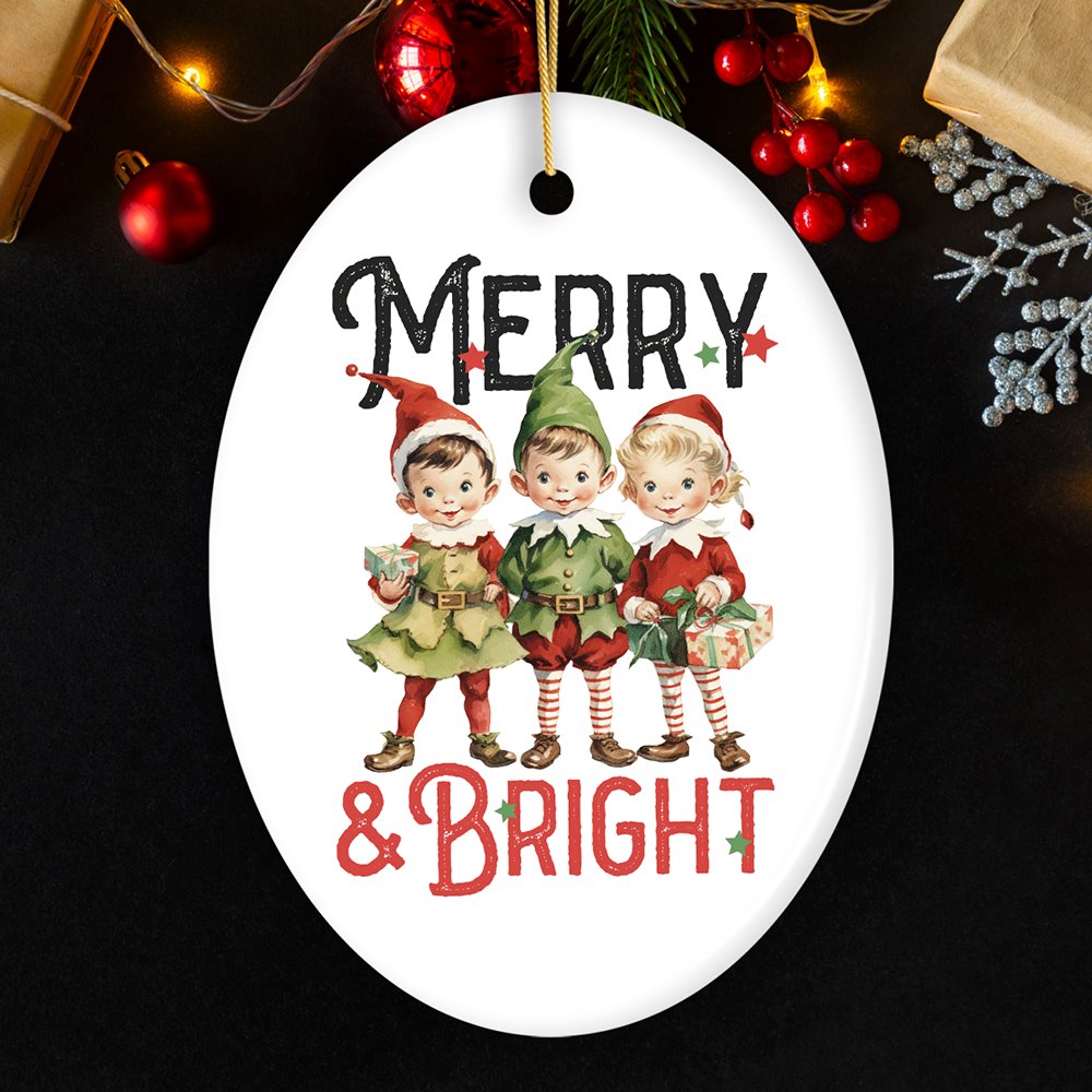 Vintage Elves Merry & Bright Christmas Ornament, Retro Ceramic Tree Decoration