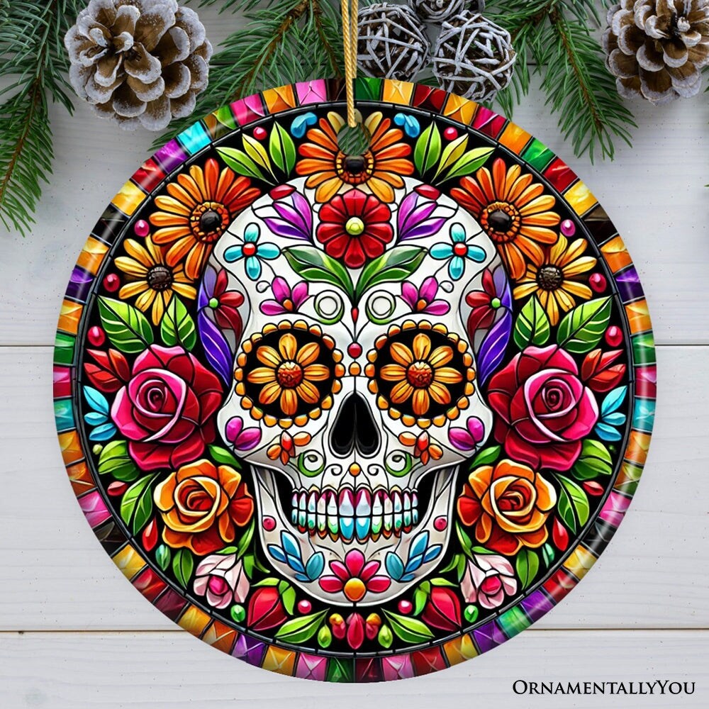 Floral Celebration Sugar Skull Stained Glass Style Ornament, Lush Blossom Christmas Gift and Decor