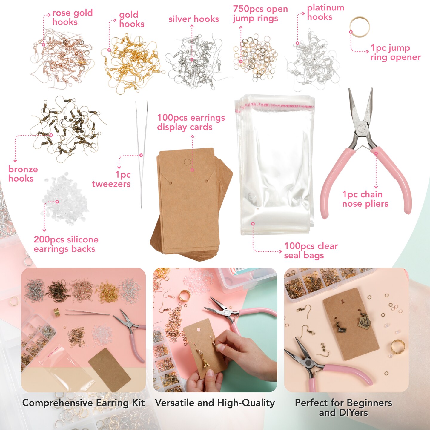 Incraftables Earring Making Kit (5 Colors). DIY Earring Kits for Jewelry Making Supplies w/ Hypoallergenic Earring Hooks, Backs, Display Cards, Bags, Nose Pliers, Ring Opener &#x26; Tweezers for Adults
