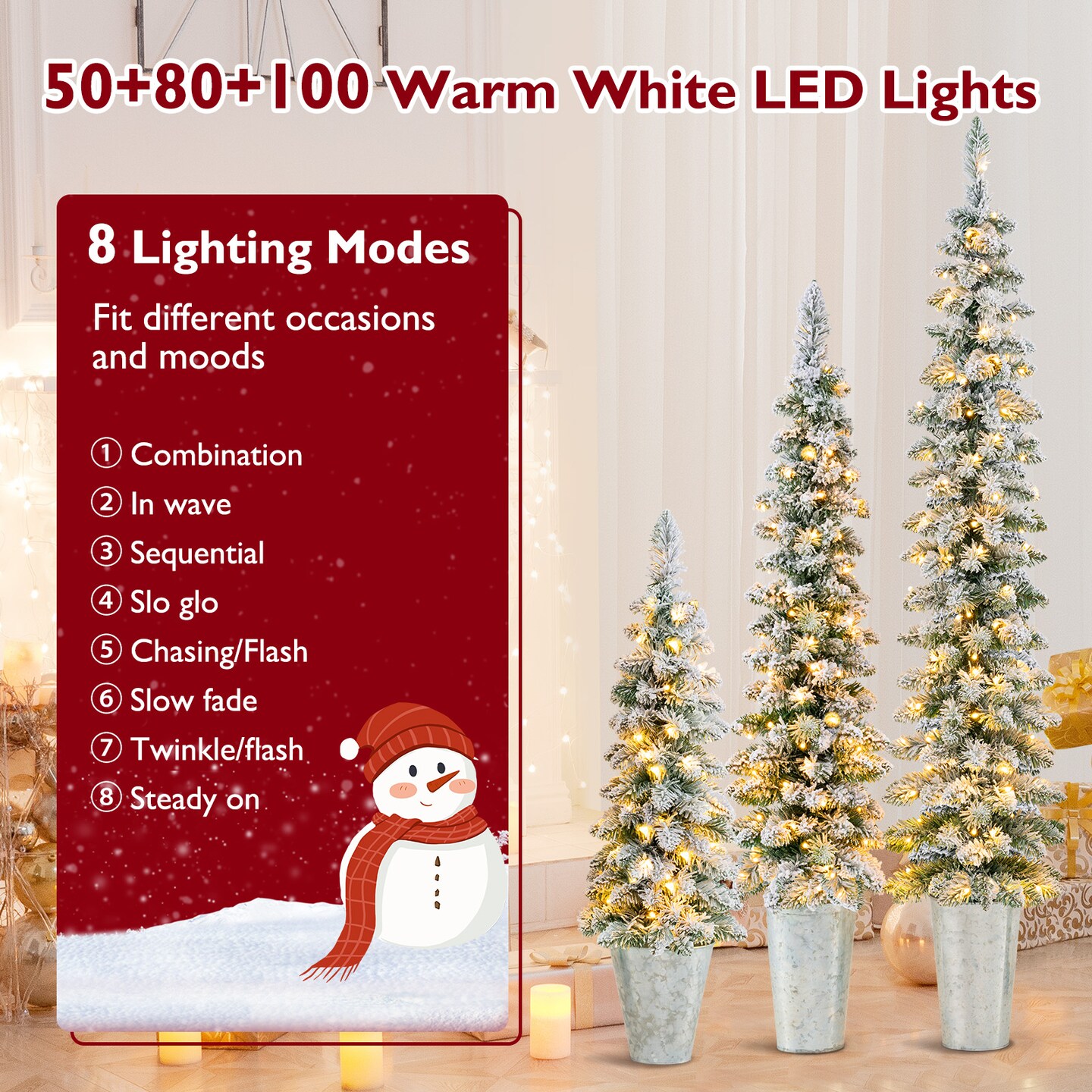 Set of 3 Snow Flocked Pre-Lit Christmas Trees with 8 Lighting Modes