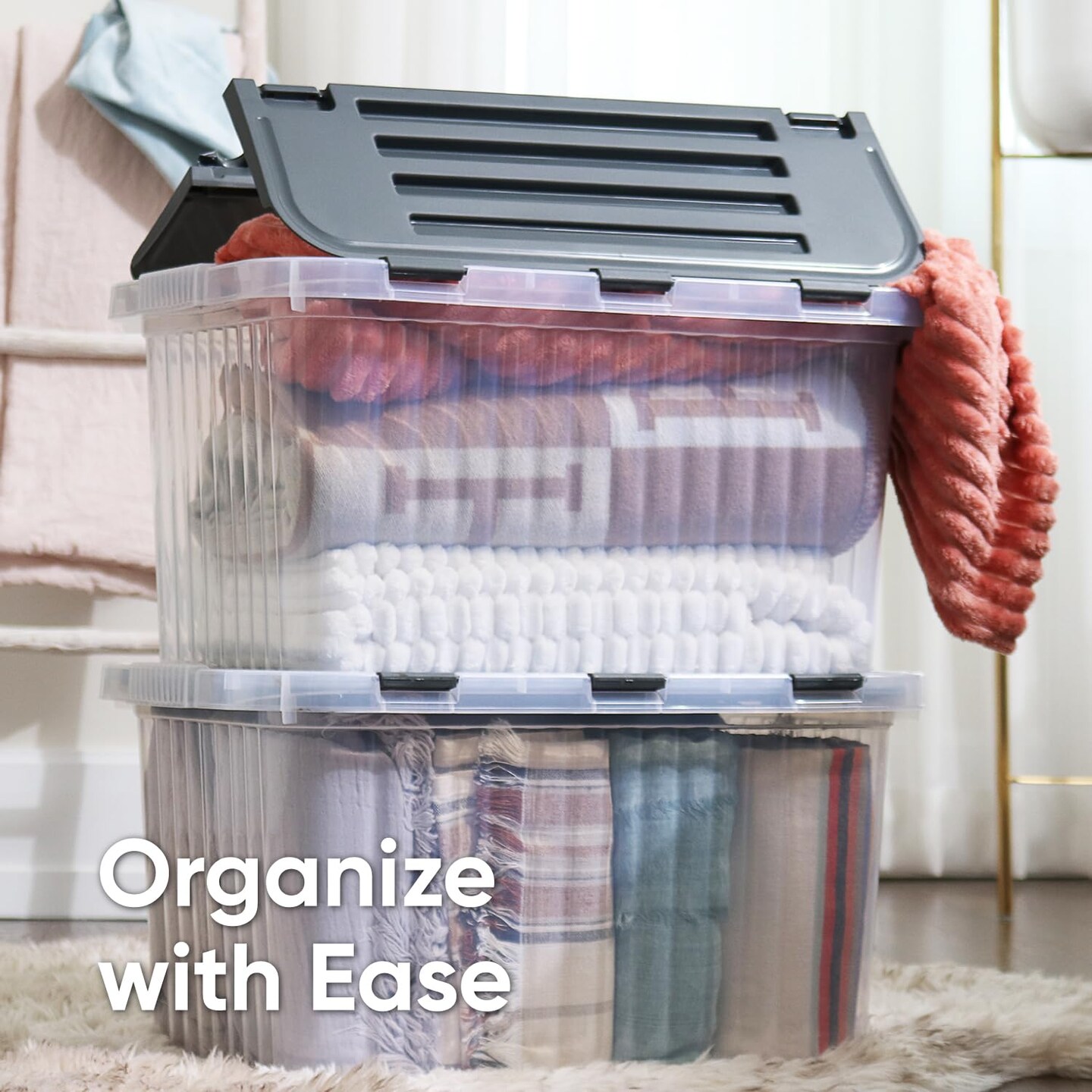 Superio Storage Box with Hinged Lids, Plastic Container Bins for Organizing with Attached Lid, Stackable Crates, BPA Free, Organizers for Home, Office, Dorm