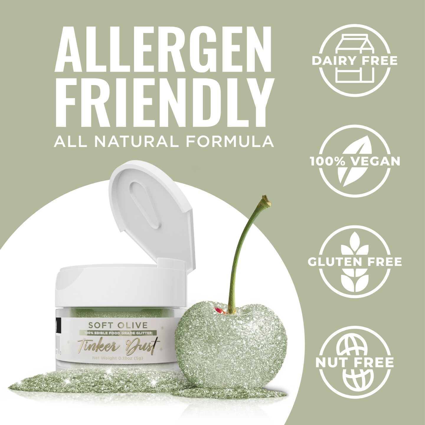 Bakell - Soft Olive Green Tinker Dust Edible Glitter (5g, 1x Jar) for Food, Desserts, and Beverages!