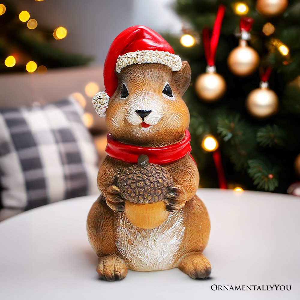 Charming Chipmunk with Santa Hat Figurine, 5&#x22; Playful Christmas Rodent Garden Statue