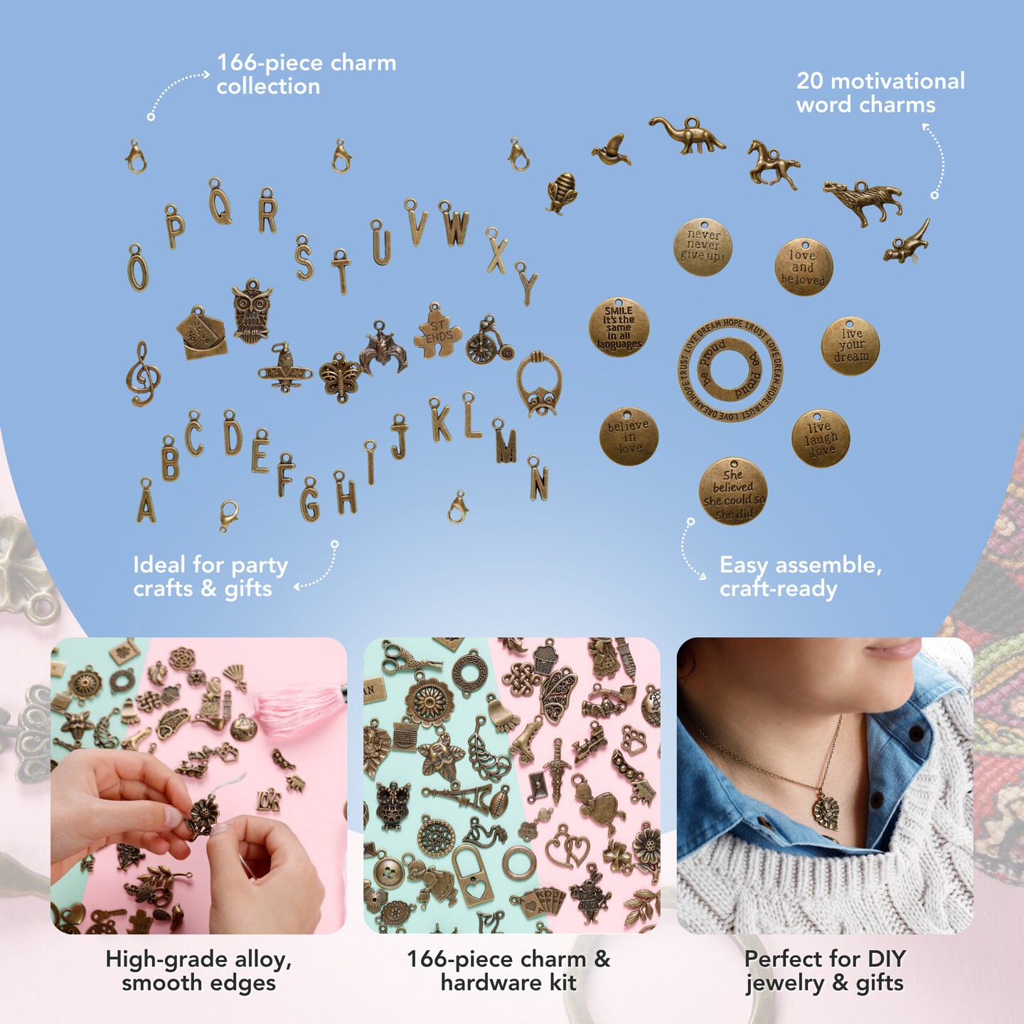 Incraftables 166pcs Bronze Charms Set for Jewelry Making. Bulk DIY Necklace, Bracelet, Bangle &#x26; Keychain Making Kit w/ 120pcs Antique Charms (Small &#x26; Large), 20pcs Word Charms &#x26; 26pcs A-Z Letter Charm