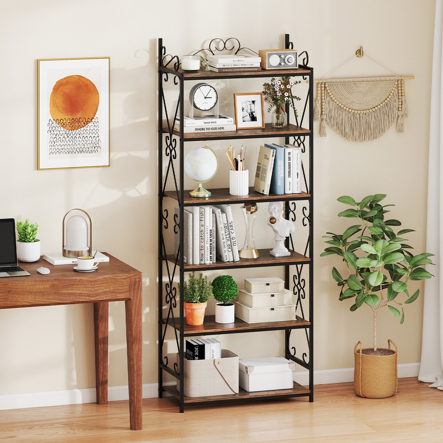 6-Tier Industrial Bookshelf Bookcase with Metal Frame and Anti-Tip Kits