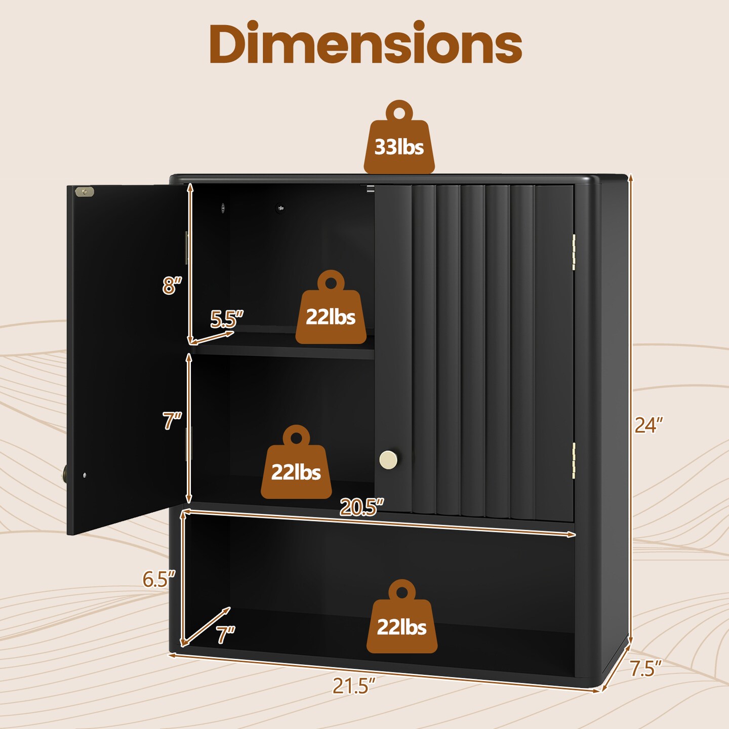 Bathroom Wall Cabinet with Fluted Doors and Gold Handles 2-Door Storage with Adjustable Shelf