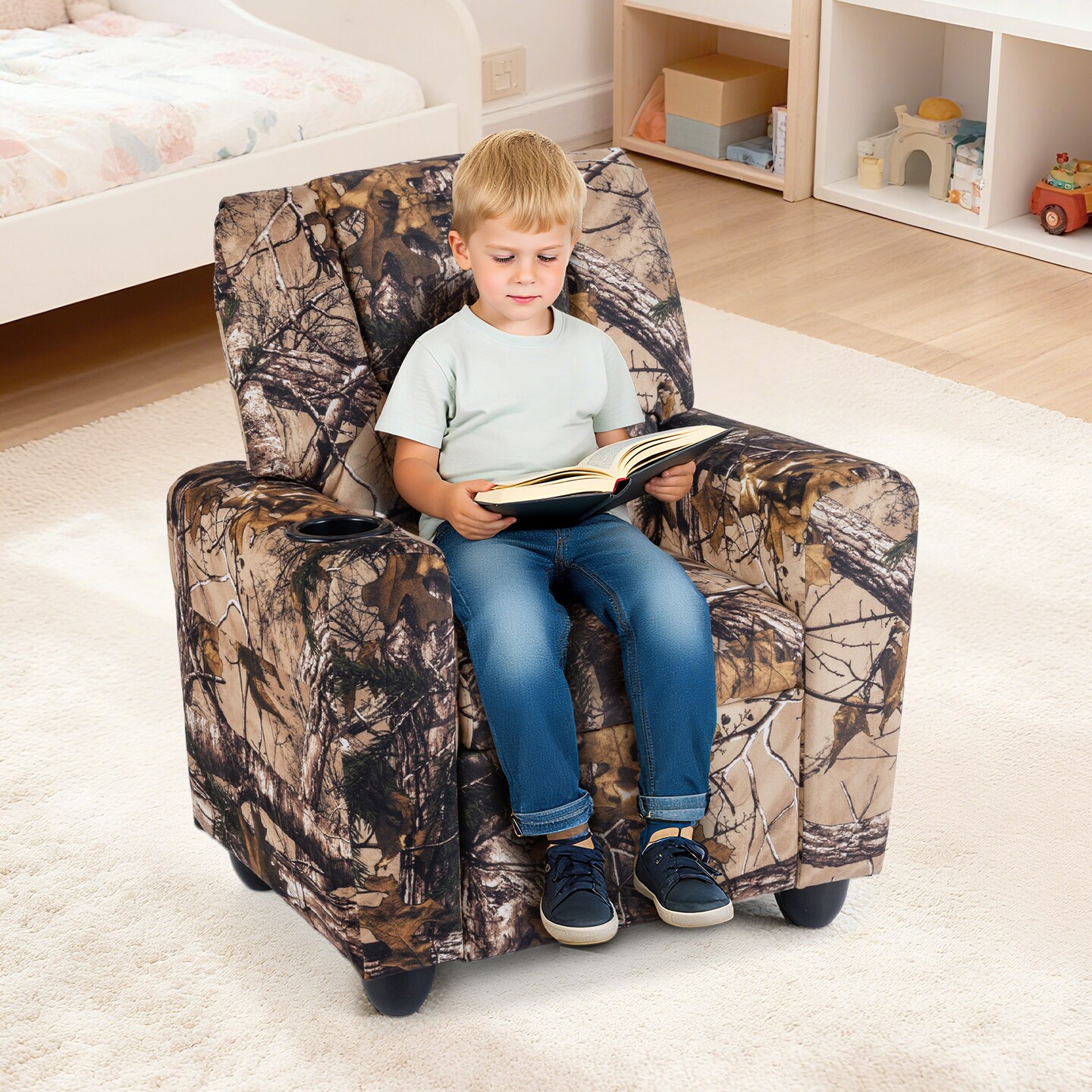 Kids Camouflage Recliner Chair with Cup Holder Adjustable 139° Lounge Armchair Soft Padded Seat