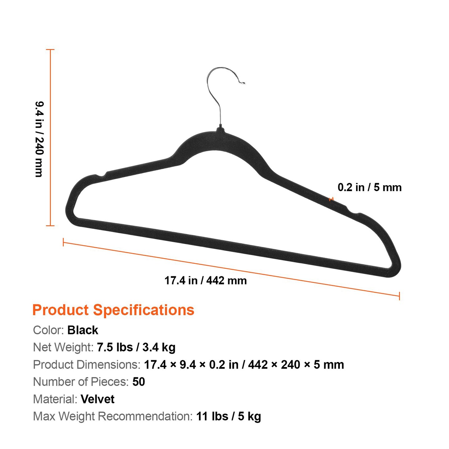 Black Velvet Slim Hangers Set of 50 Non-Slip Clothes Closet Hooks