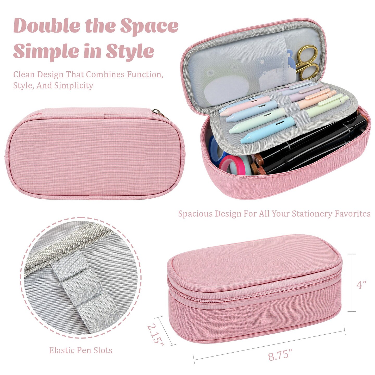 Wrapables Simple Large Capacity Double Compartment Pencil Case, Pencil Pouch for Stationery Tools, Pink