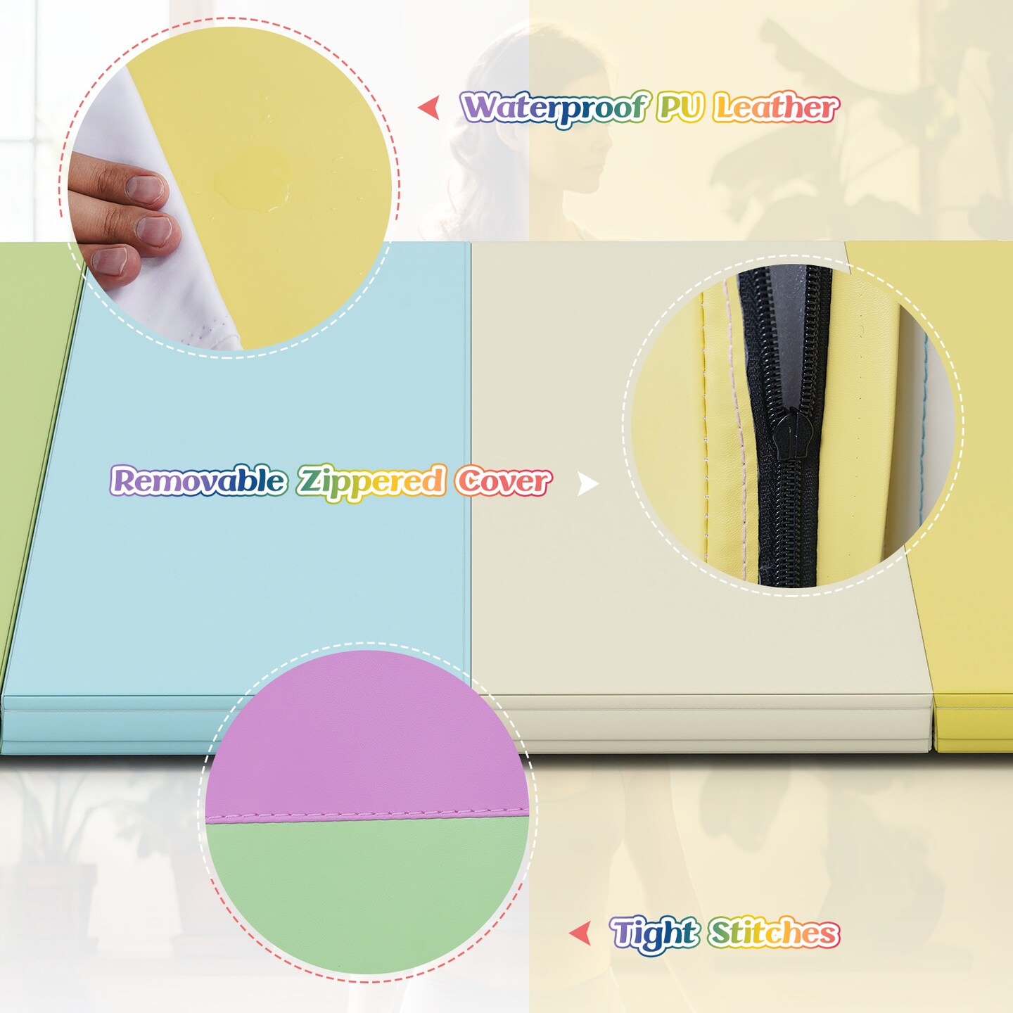 Macaron PU Foam Tri-Fold Gymnastics Mat with Handles and Hook Fasteners