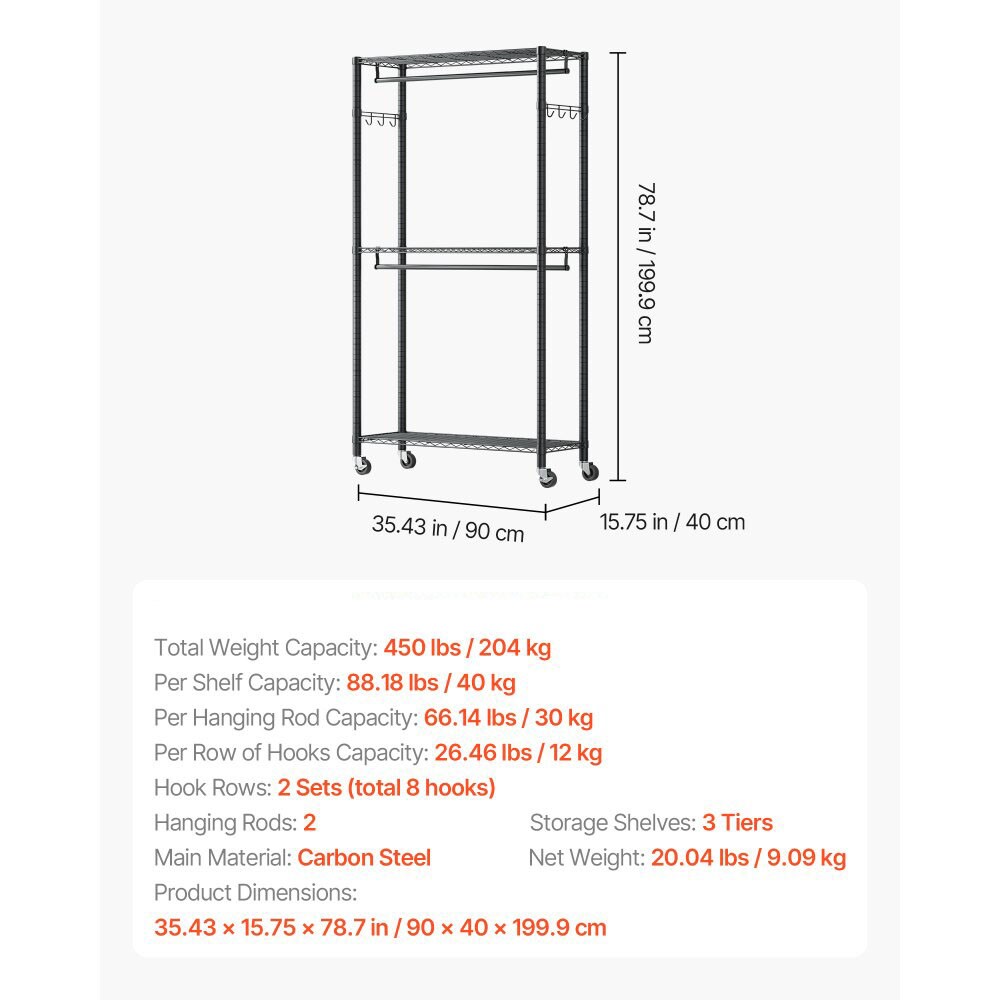 Heavy Duty Rolling Clothes Rack Carbon Steel 3 Shelf Garment Organizer
