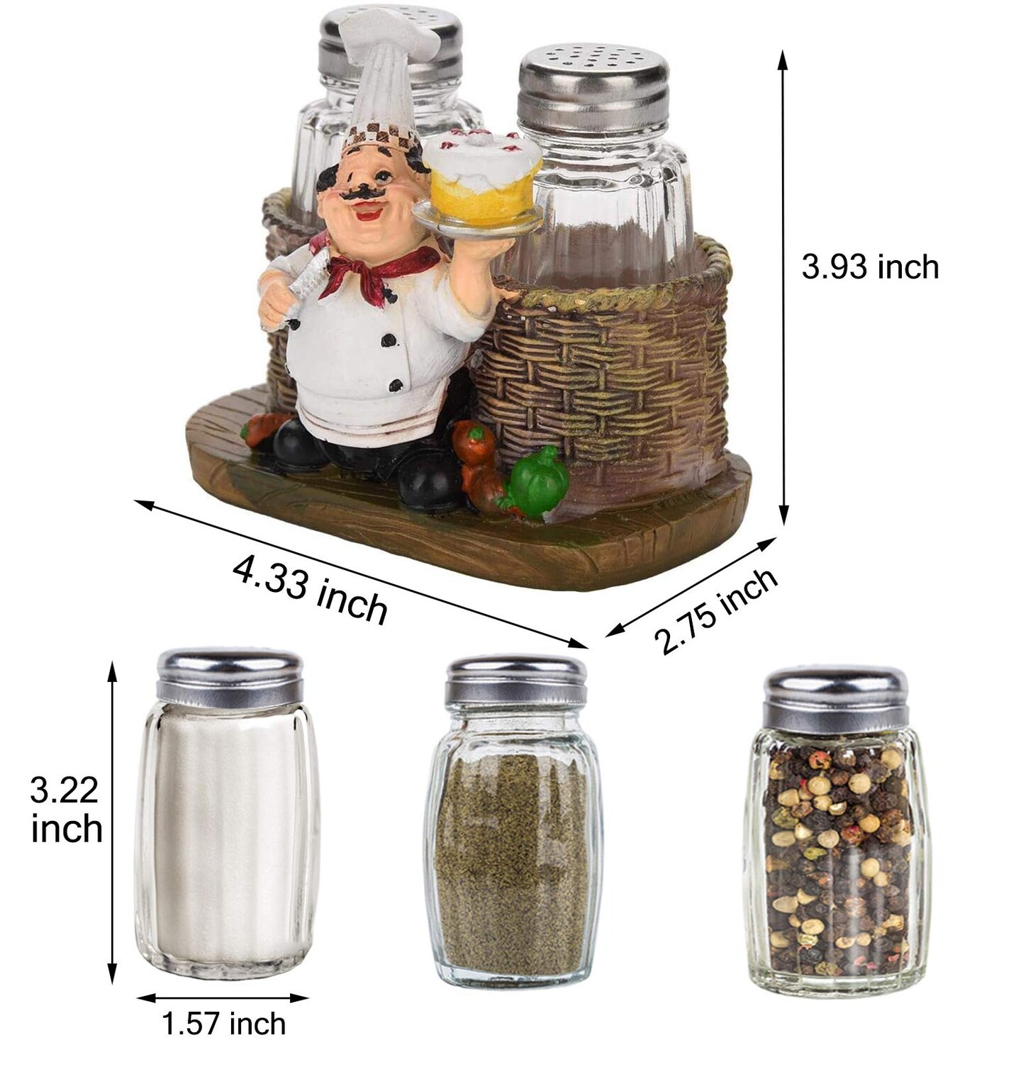 Salt and Pepper Shakers Set,Sitting Chef Decorative Statue Spice Organizer,Glass Spice Jars with Holder Figurine Gift for Family,Kitchen,Restaurant, Cafe,Bakery (Cake)