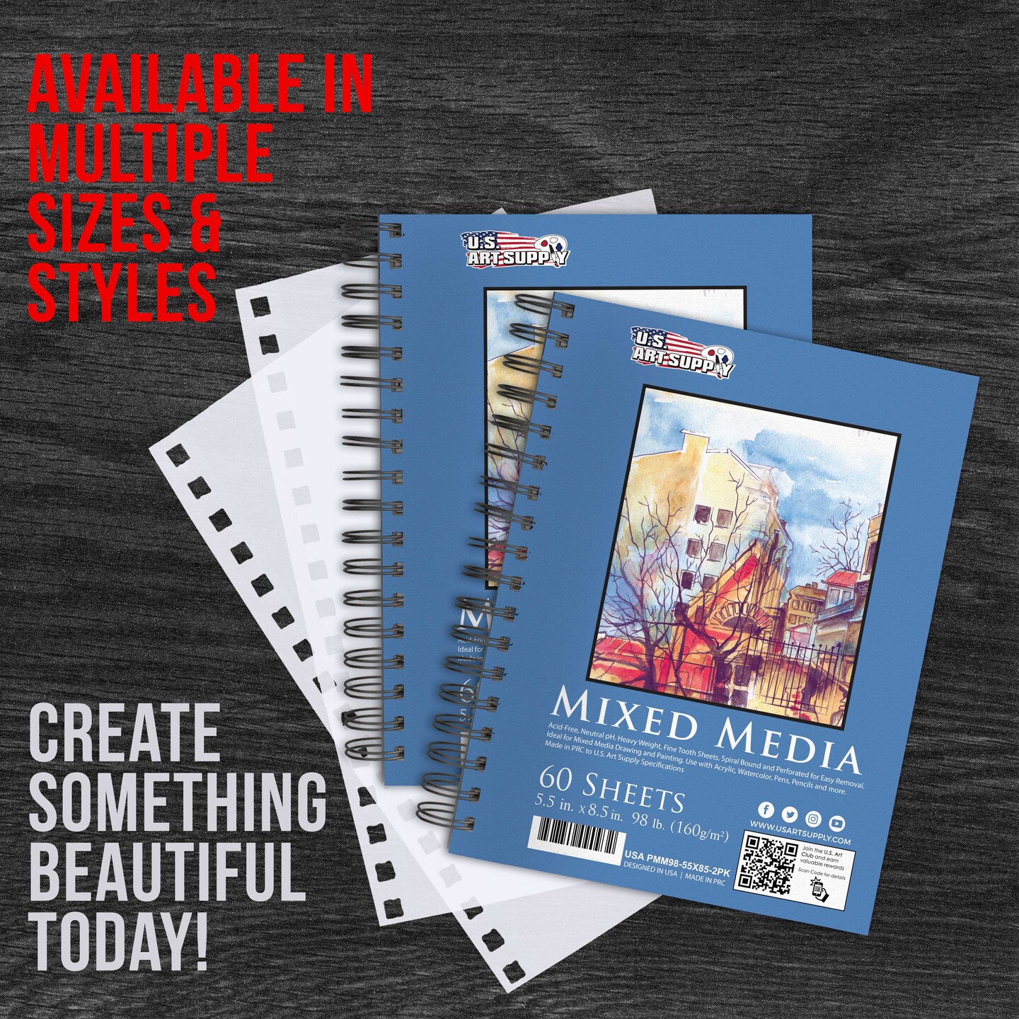 5.5&#x22;x8.5&#x22; Mixed Media Sketchbook, 2 Pack (60 Sheets), 98 lb (160 gsm) - Spiral-Bound Pad with Perforated Acid-Free Paper - Artist Sketch Book For Drawing, Painting, Watercolor