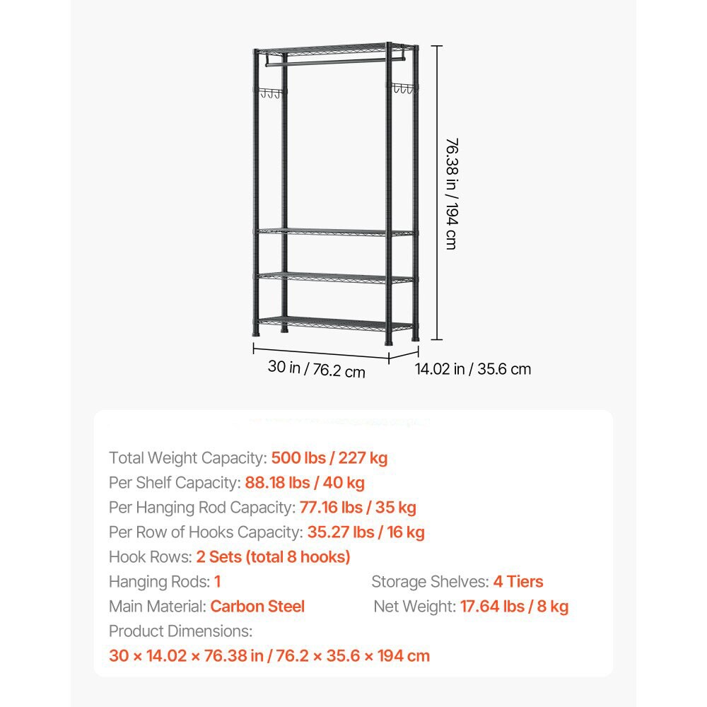 Heavy-Duty Closet Wardrobe with Hanging Rod, Shelves, and Hooks Carbon Steel, 500 lbs Capacity