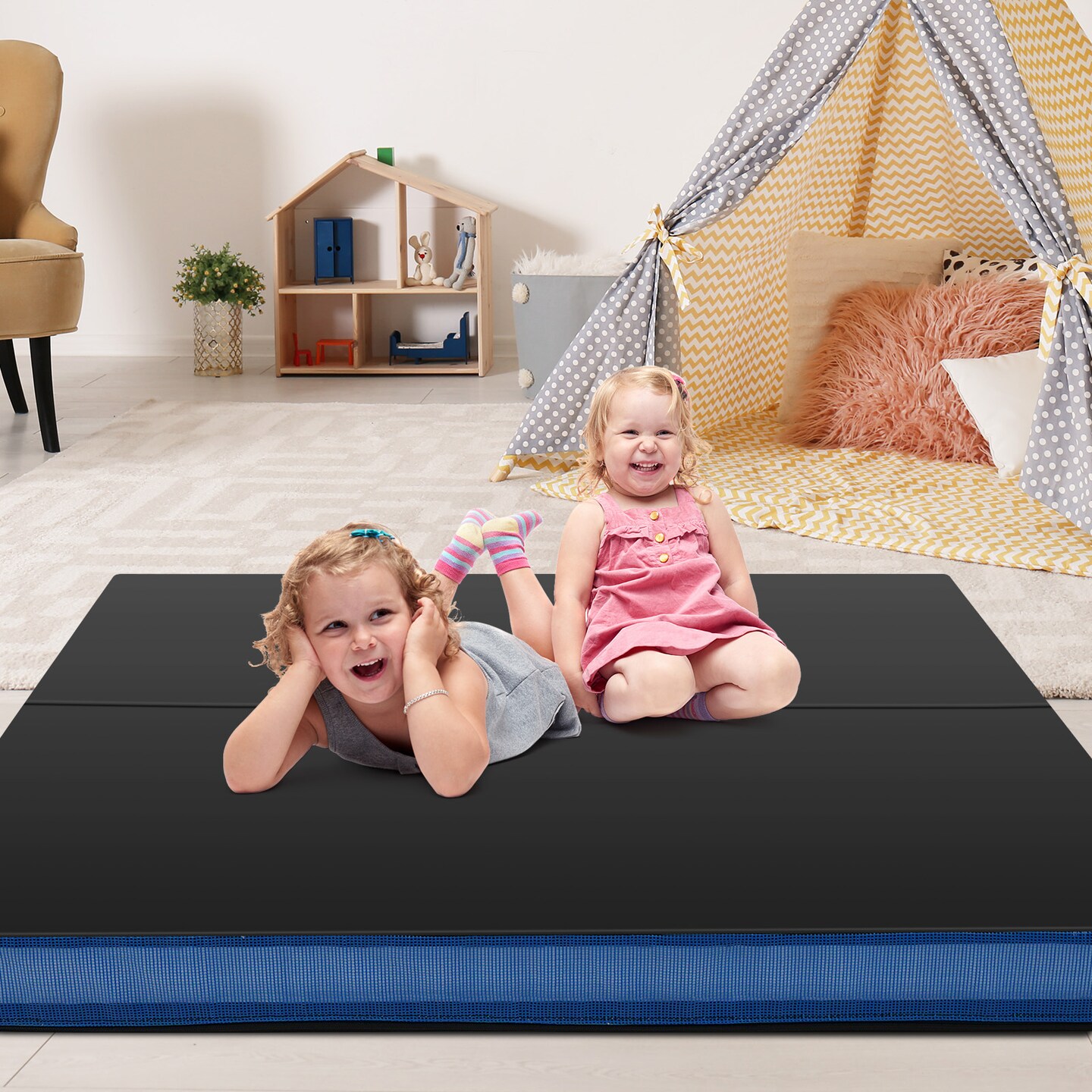 Black PU Leather Folding Gymnastics Mat with 4" Foam and Carry Handles