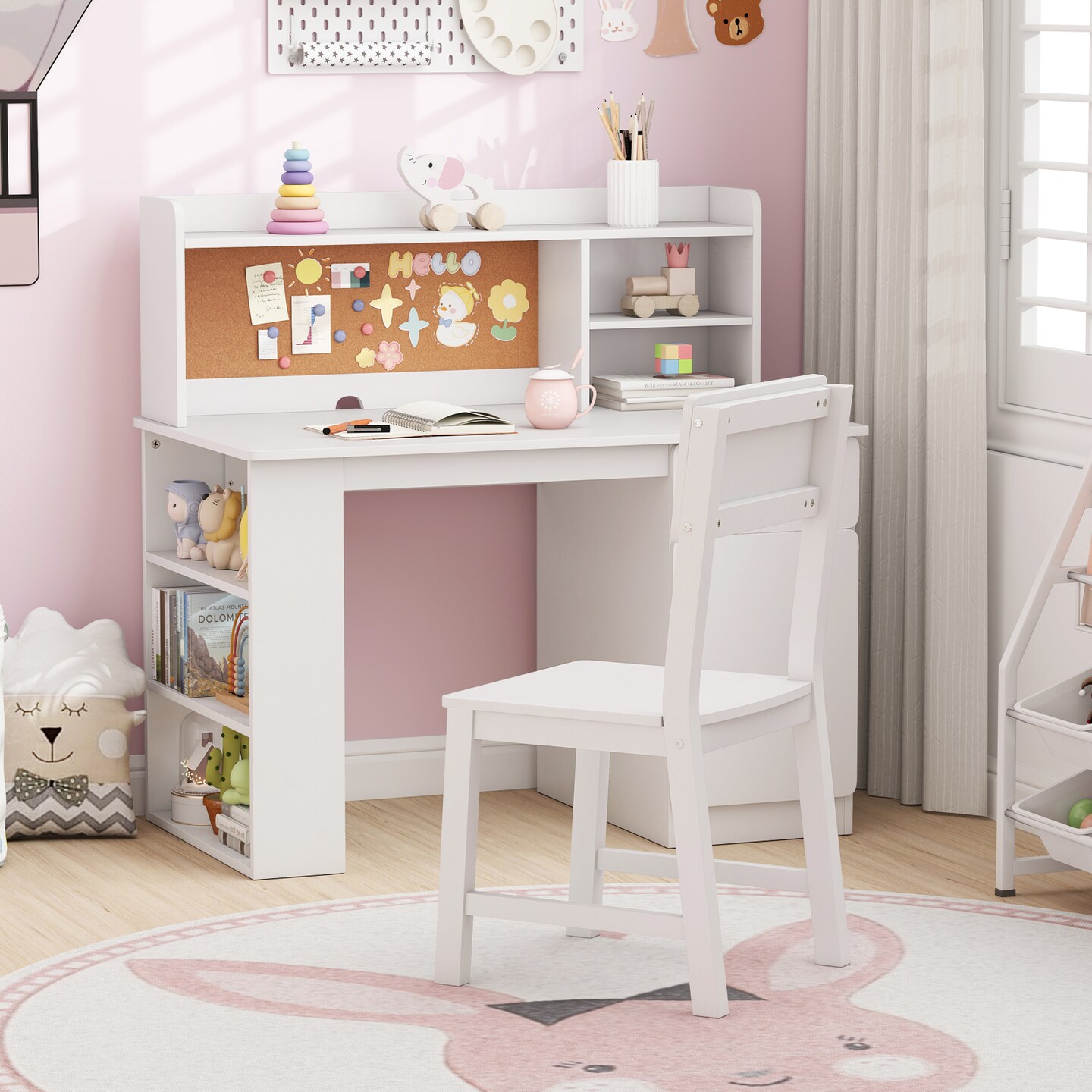 Kids Study Desk Set With Chair Hutch 3-Tier Side Shelf Writing Drawing Table