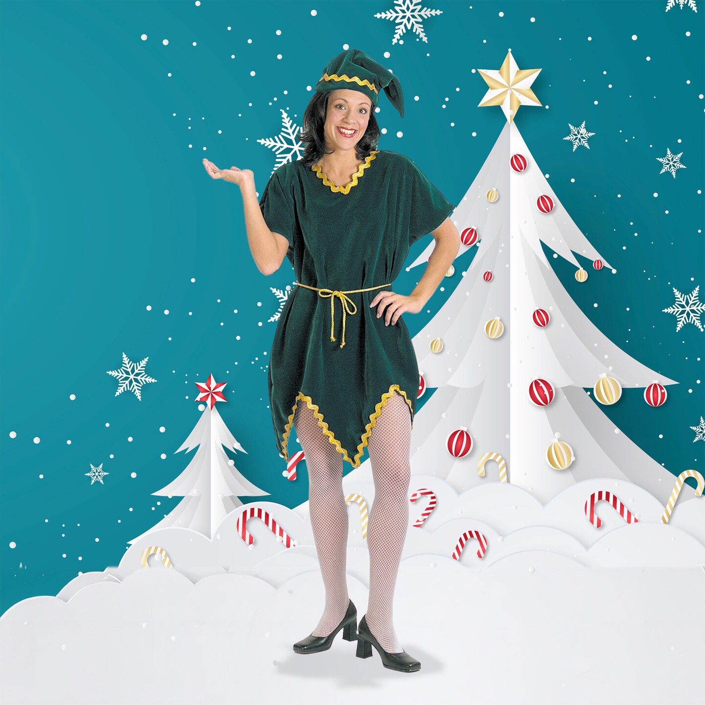 The Costume Center 3 Piece Green and Gold Christmas Elf Dress – One Size Fits Most